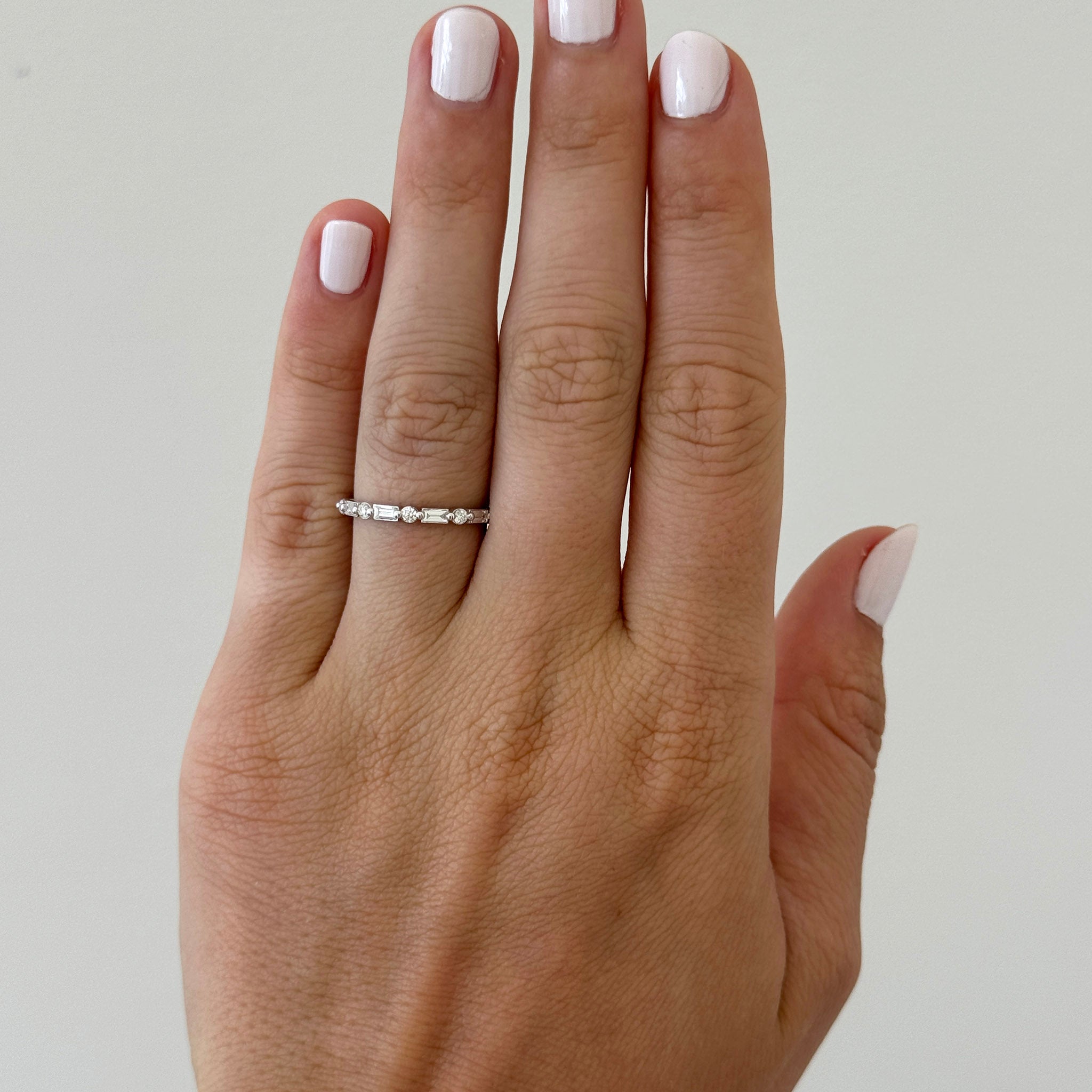 Round & Baguette Diamond Halfway 14K White Gold Band