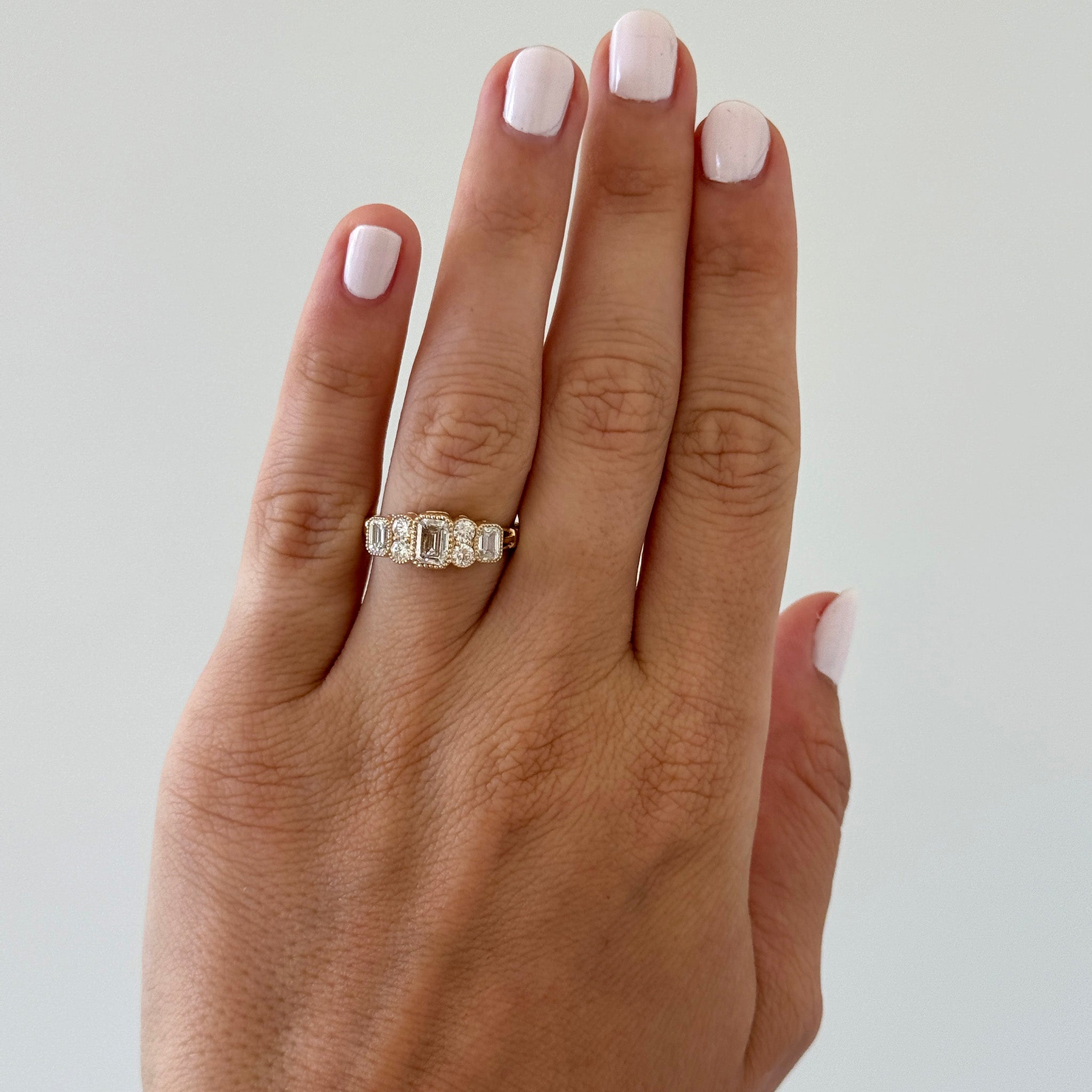 Victorian-Style Emerald-Cut Diamond Three-Stone 18K Gold Ring