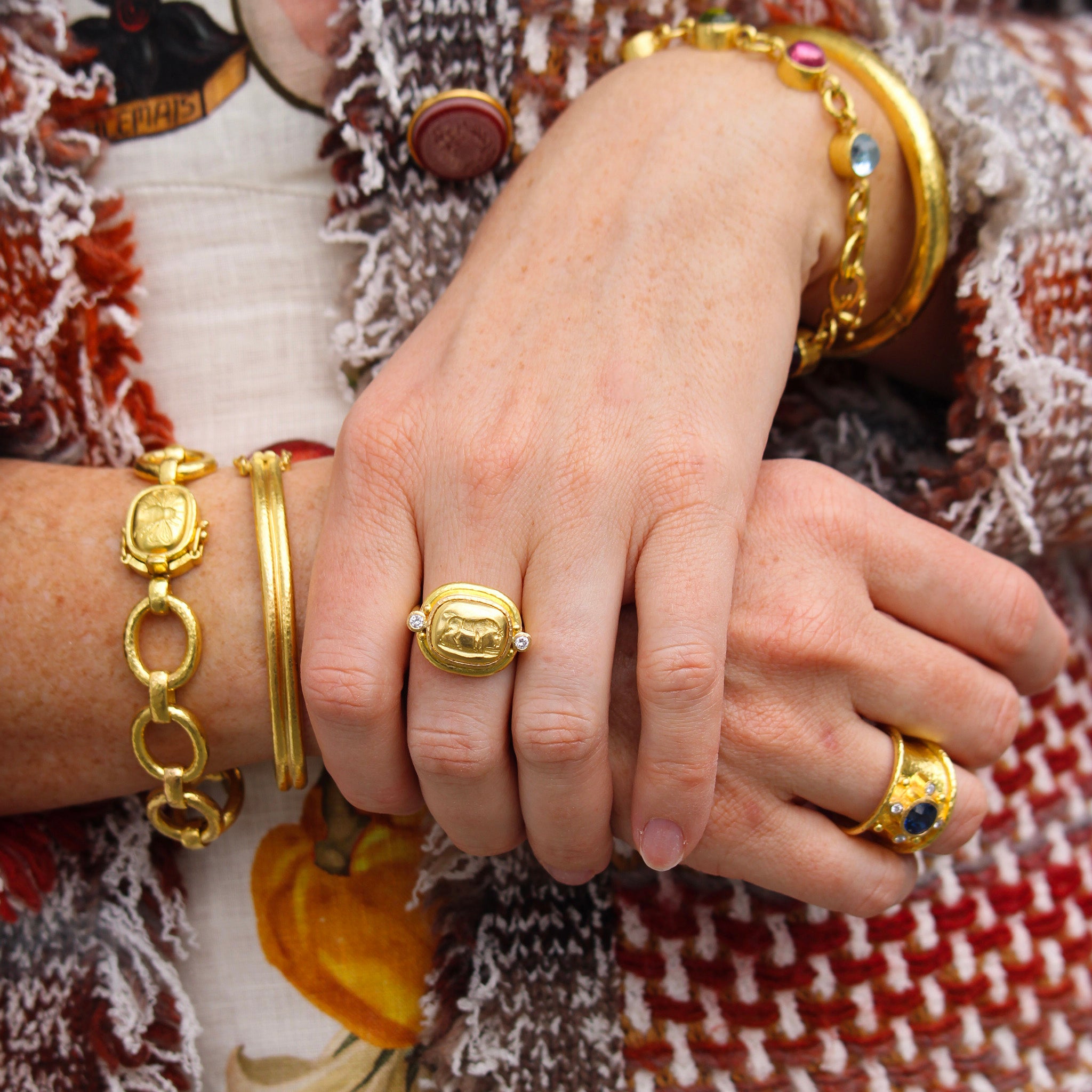 Elizabeth Locke 'Grazing Horse' Diamond Ring, Elizabeth Locke 'Fat Bee' Clasp Smooth Link Bracelet