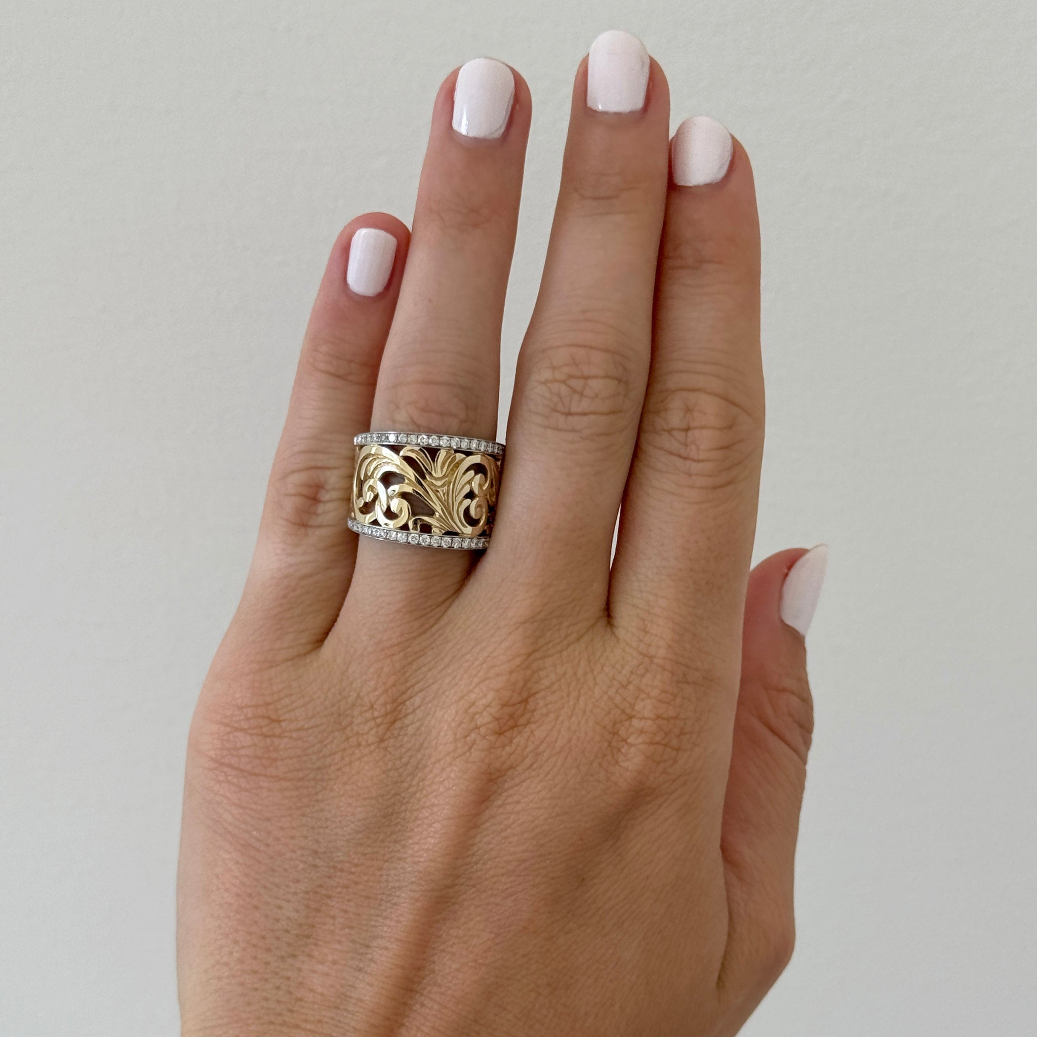 Diamond Trim 14K Gold Openwork Scroll Ring