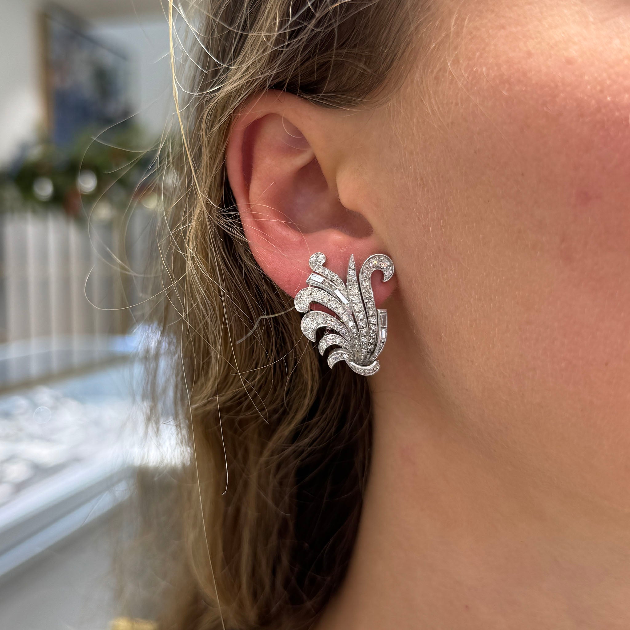 Vintage 2ctw Diamond Platinum 14K Gold Fan Earrings