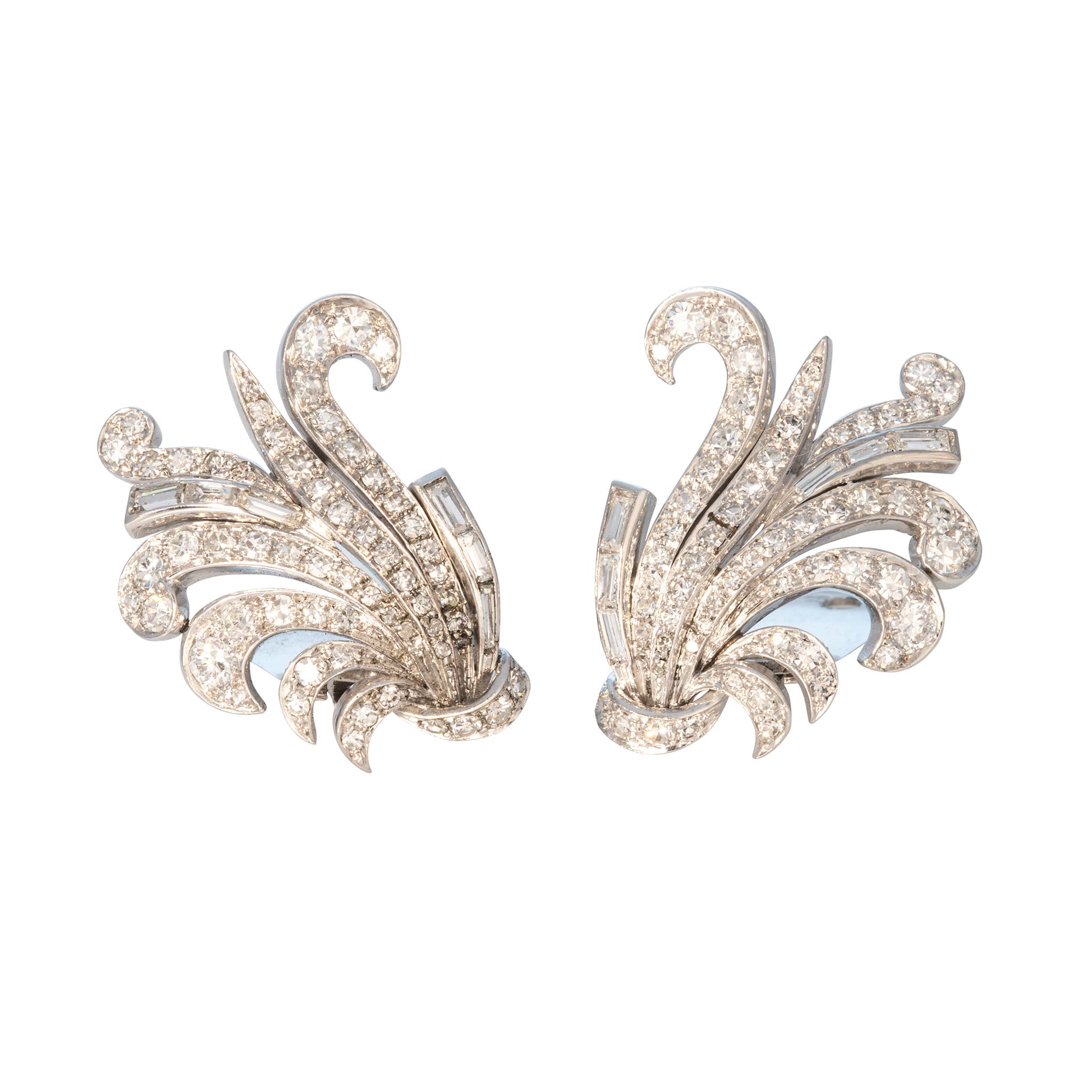 Vintage 2ctw Diamond Platinum 14K Gold Fan Earrings