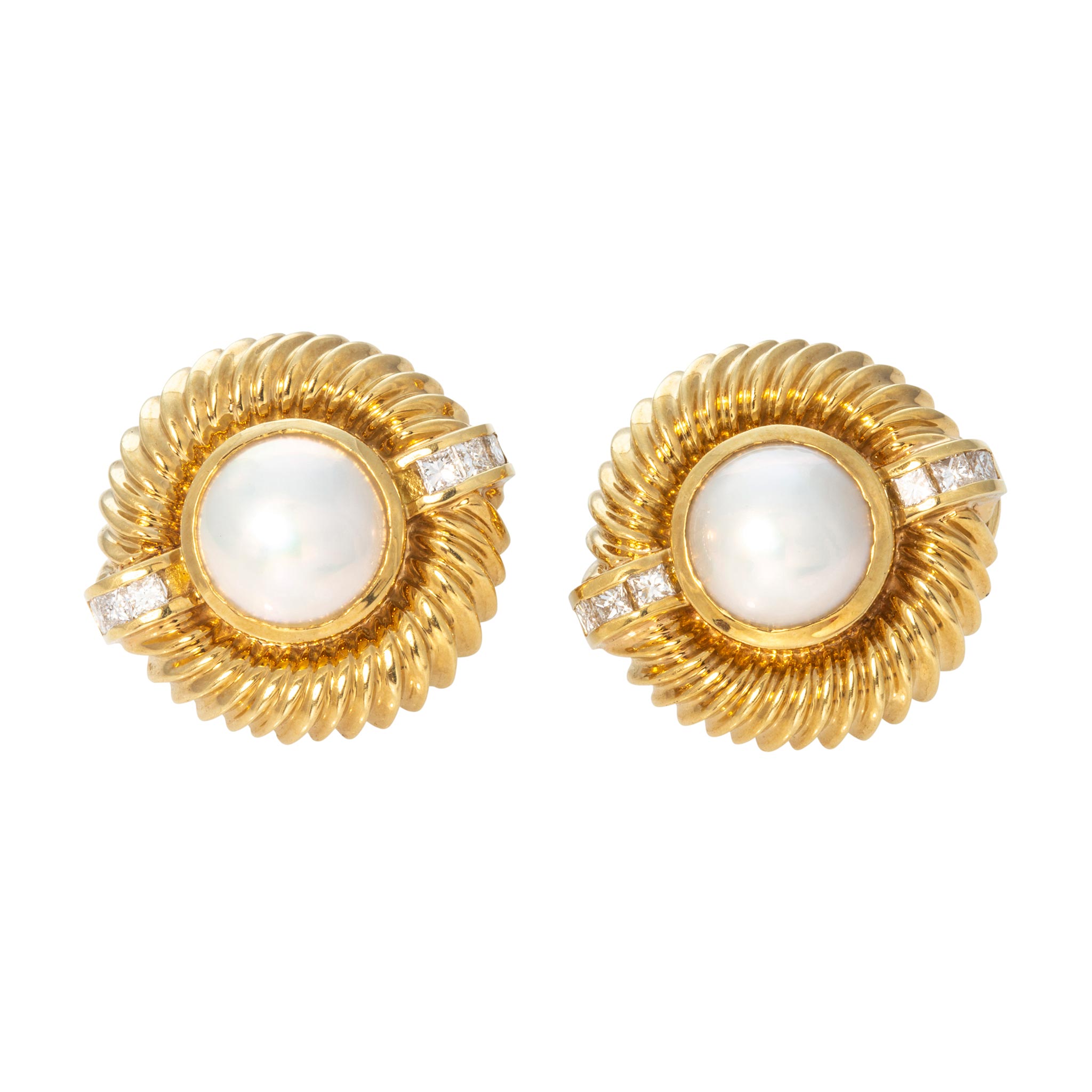 Estate Mabe Pearl & Diamond 18K Yellow Gold Earrings