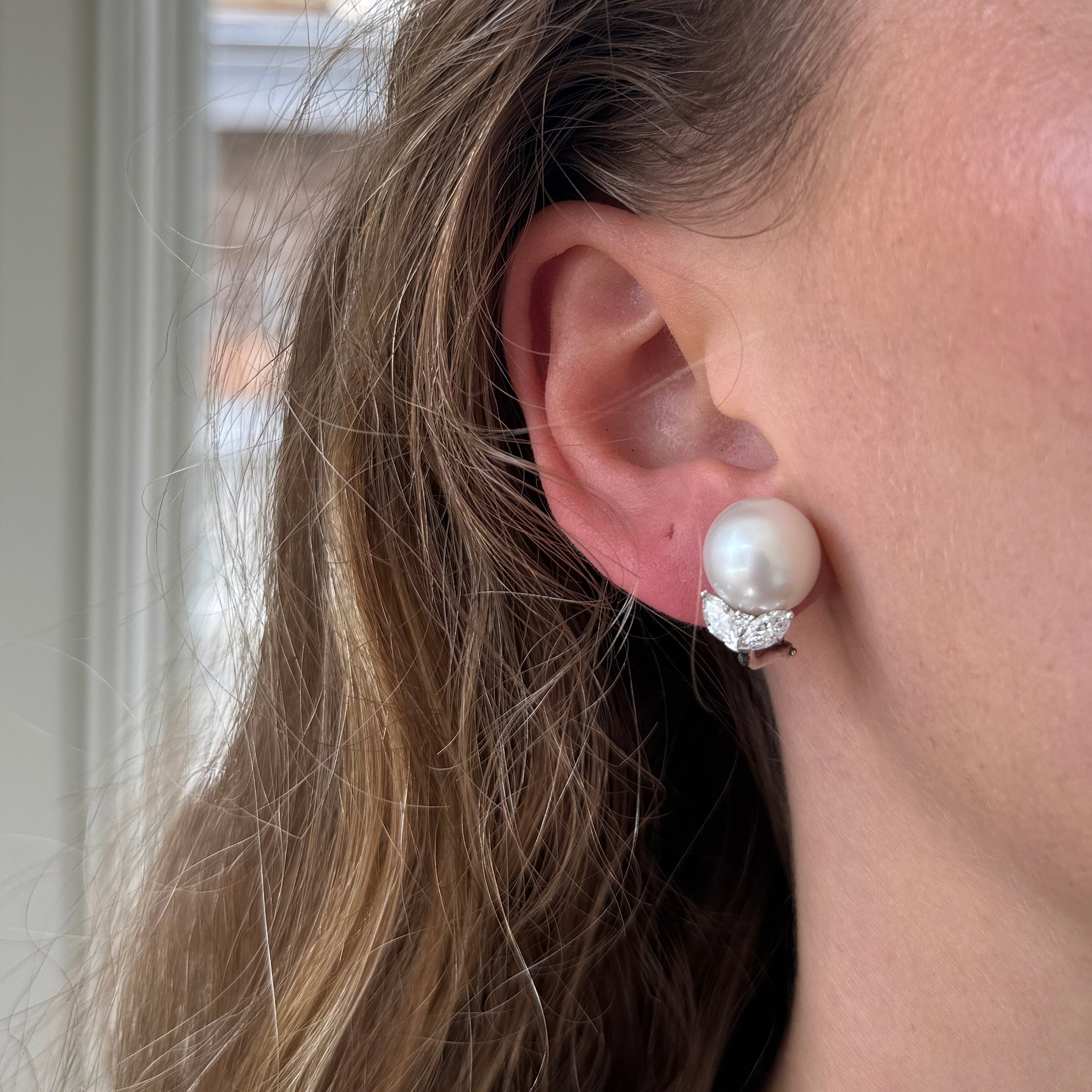 Estate South Sea Pearl & Diamond Platinum Clip Earrings