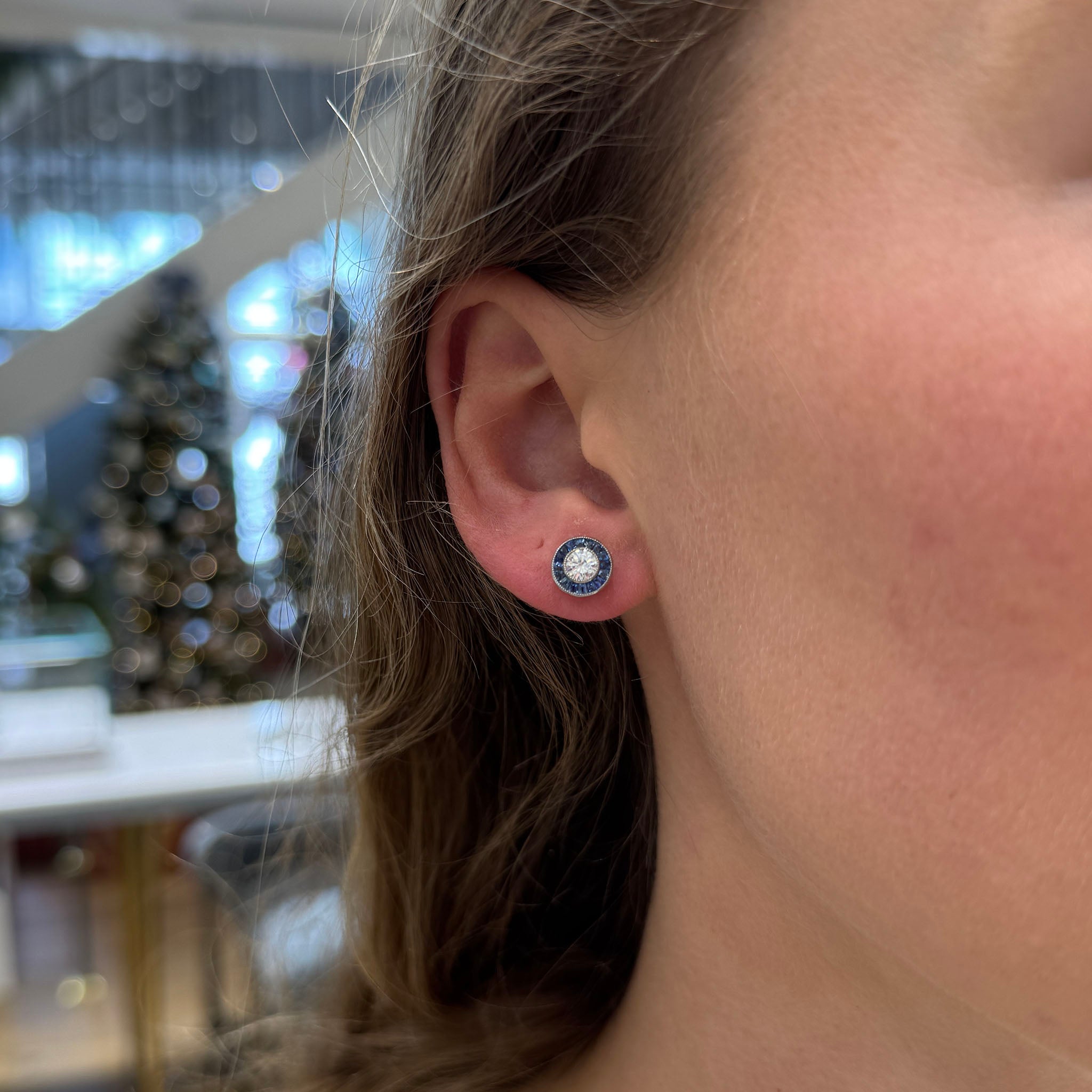 Art Deco Style Diamond & Sapphire Halo Platinum Stud Earrings