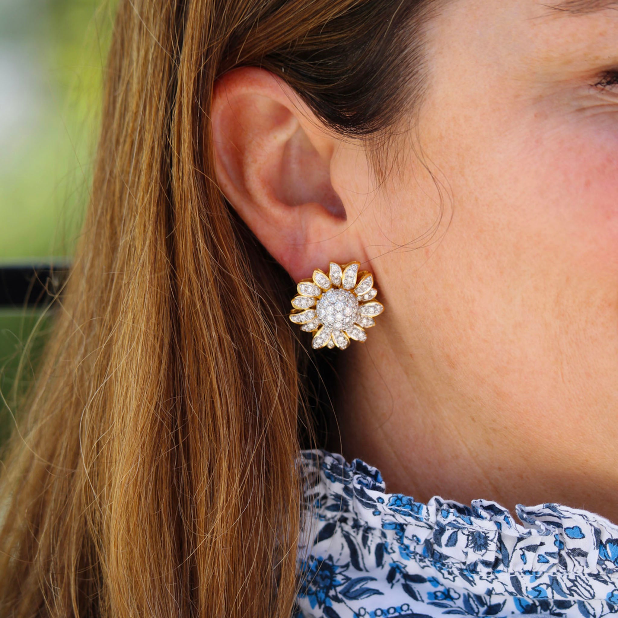 Estate 3ctw Diamond Pavé Sunflower 18K Gold Clip-On Earrings