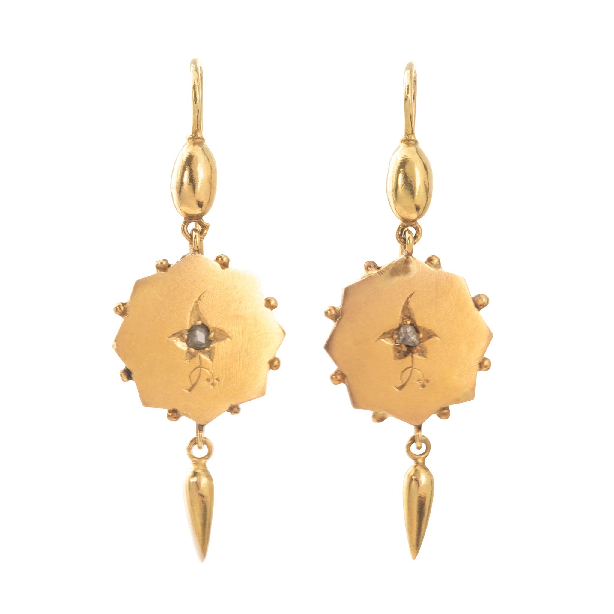 Victorian Etruscan Revival Style Diamond 15K Gold Drop Earrings