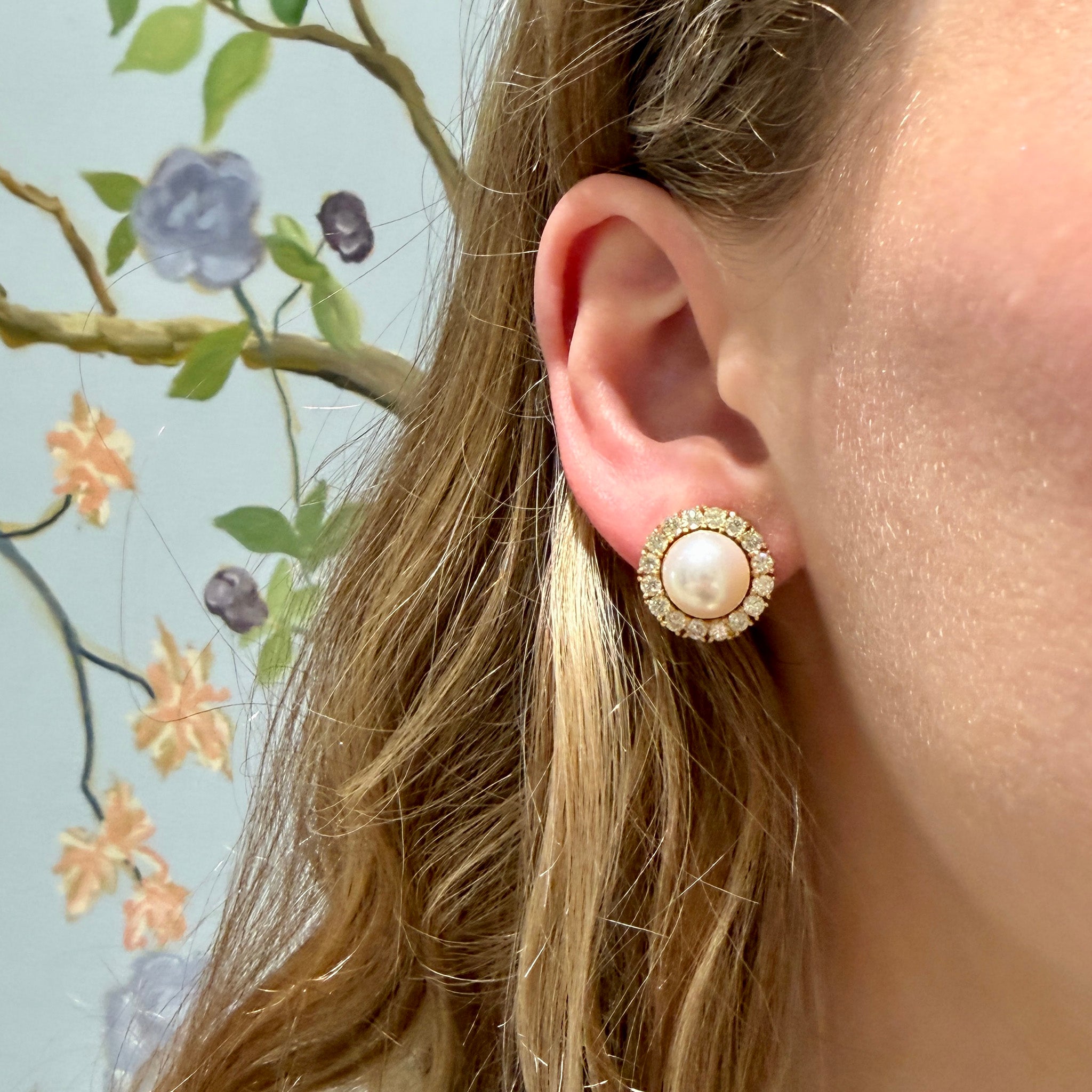 Estate Pearl & Diamond Halo 18K Yellow Gold Earrings