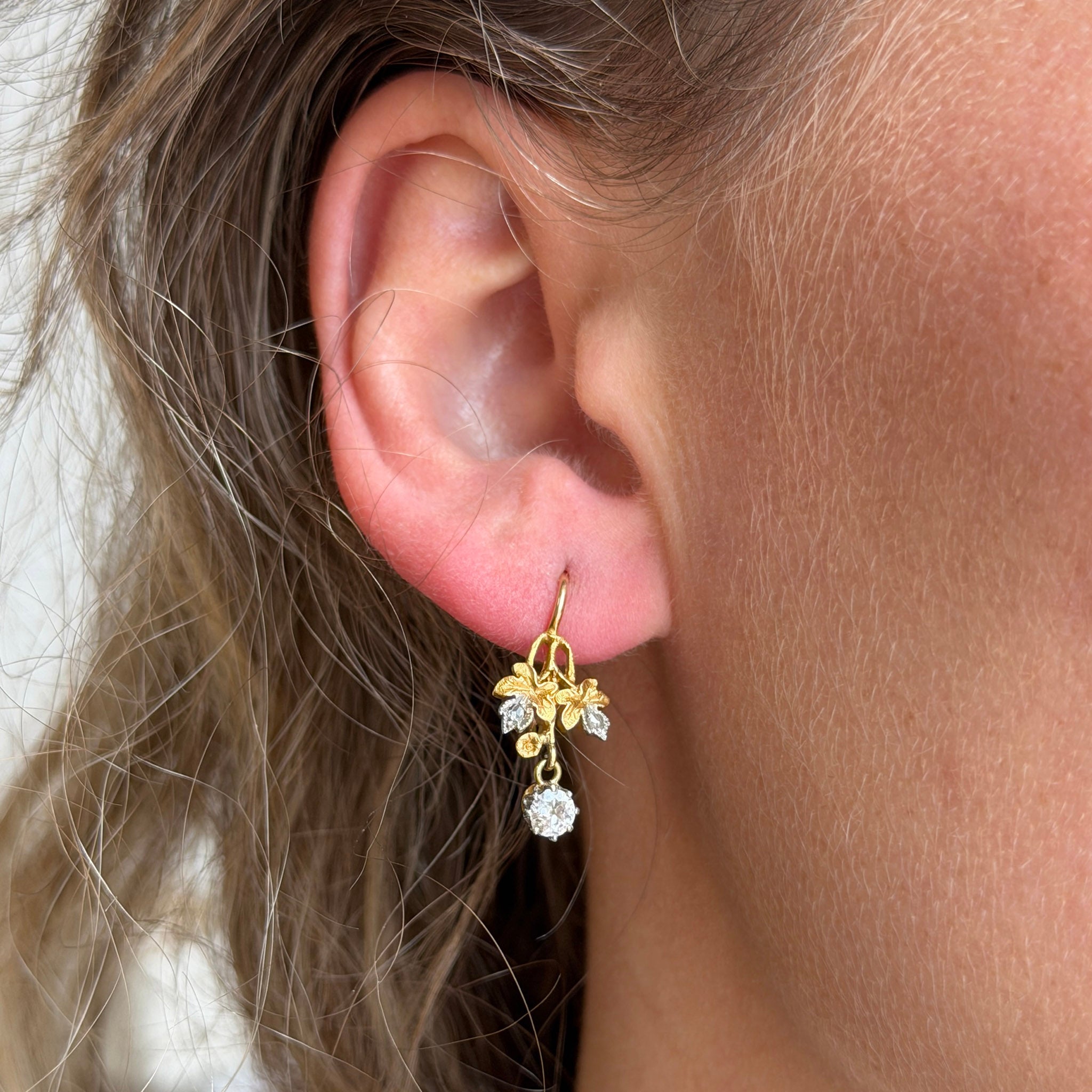 Edwardian Style Diamond Floral 18K Gold Drop Earrings
