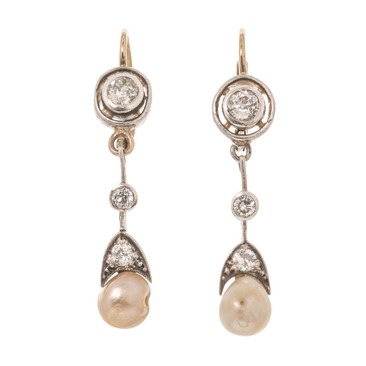 Edwardian Style Diamond & Pearl Drop Silver 18K Gold Earrings