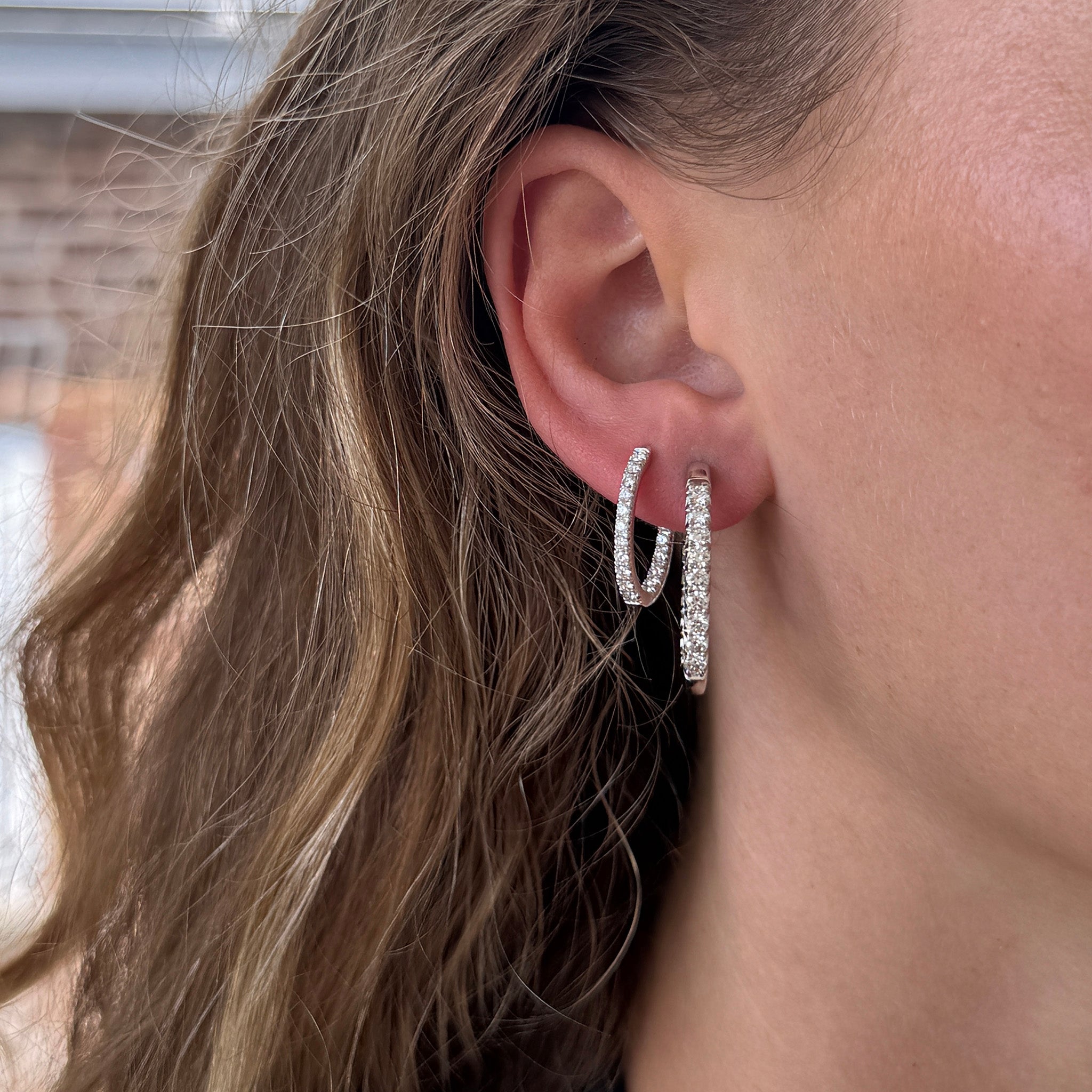 .70ctw Diamond Inside-Out 14K White Gold Oval Hoop Earrings, 2ctw Diamond Inside-Out 14K White Gold Oval Hoop Earrings