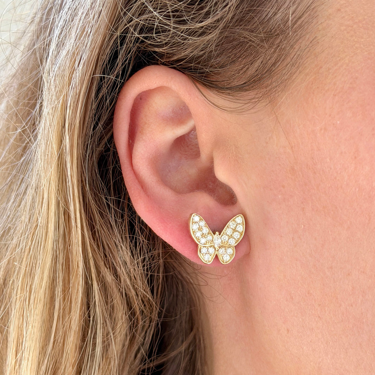 Diamond Pavé Butterfly 14K Yellow Gold Stud Earrings