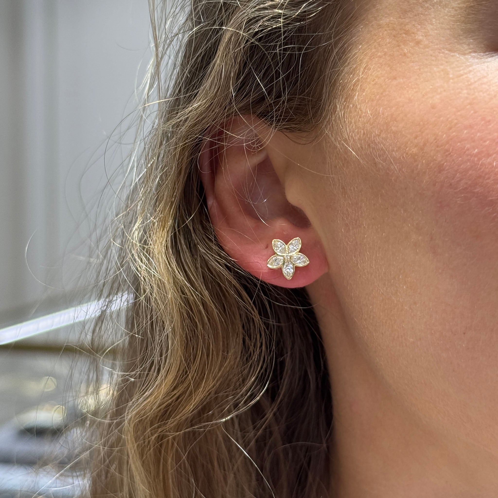 Marquise Diamond 14K Yellow Gold Flower Stud Earrings