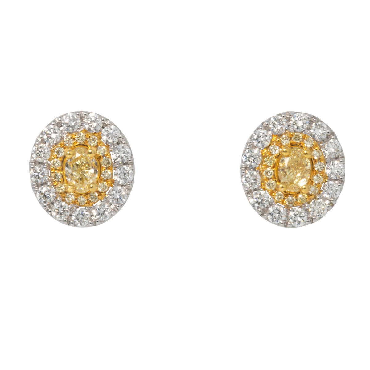 Oval Yellow Diamond Double Halo 14K Gold Stud Earrings
