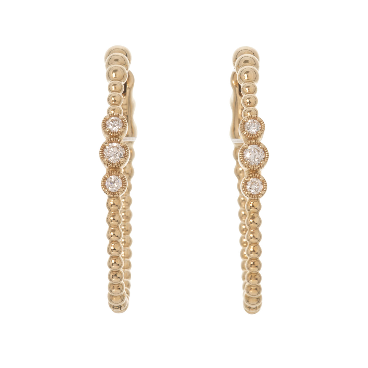Diamond 14K Yellow Gold Bezel Beaded Oval Hoop Earrings