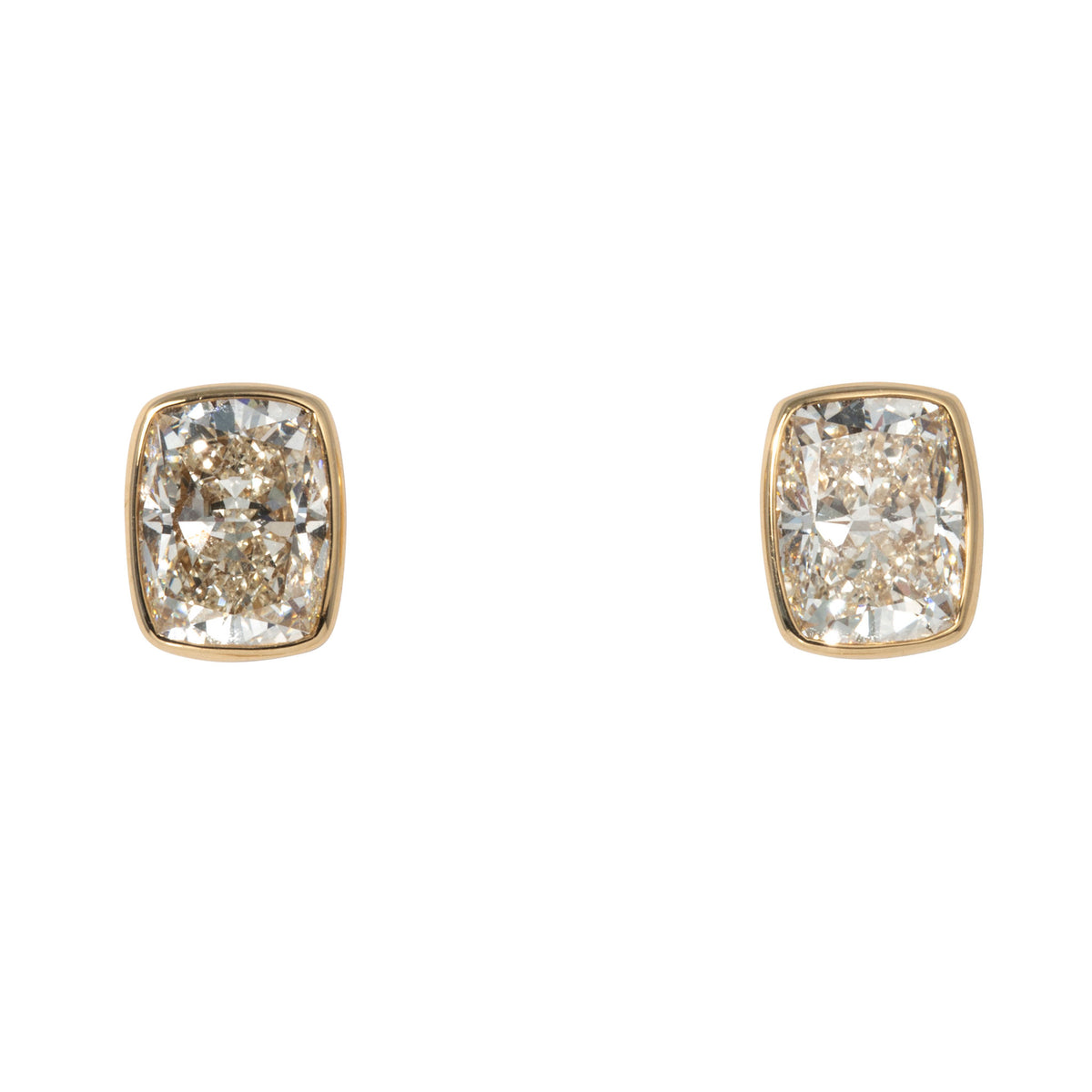3ctw K VS Cushion Diamond Bezel 18K Yellow Gold Stud Earrings