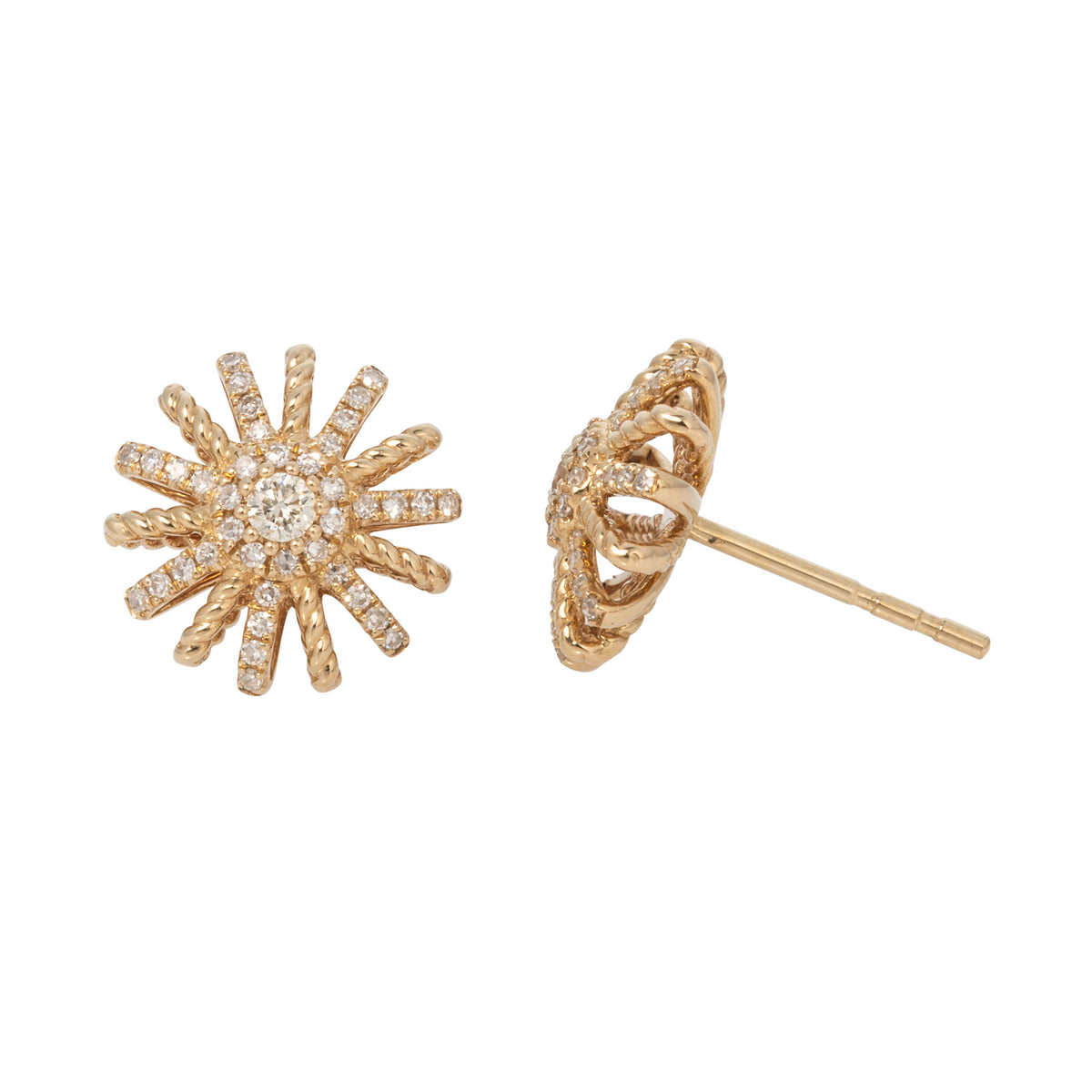 Front and side views of 14K yellow gold diamond starburst stud earrings, showing the openwork design and post.