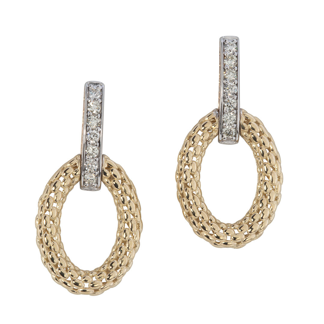 Diamond Pavé & Oval Drop Two Tone 14K Gold Earrings