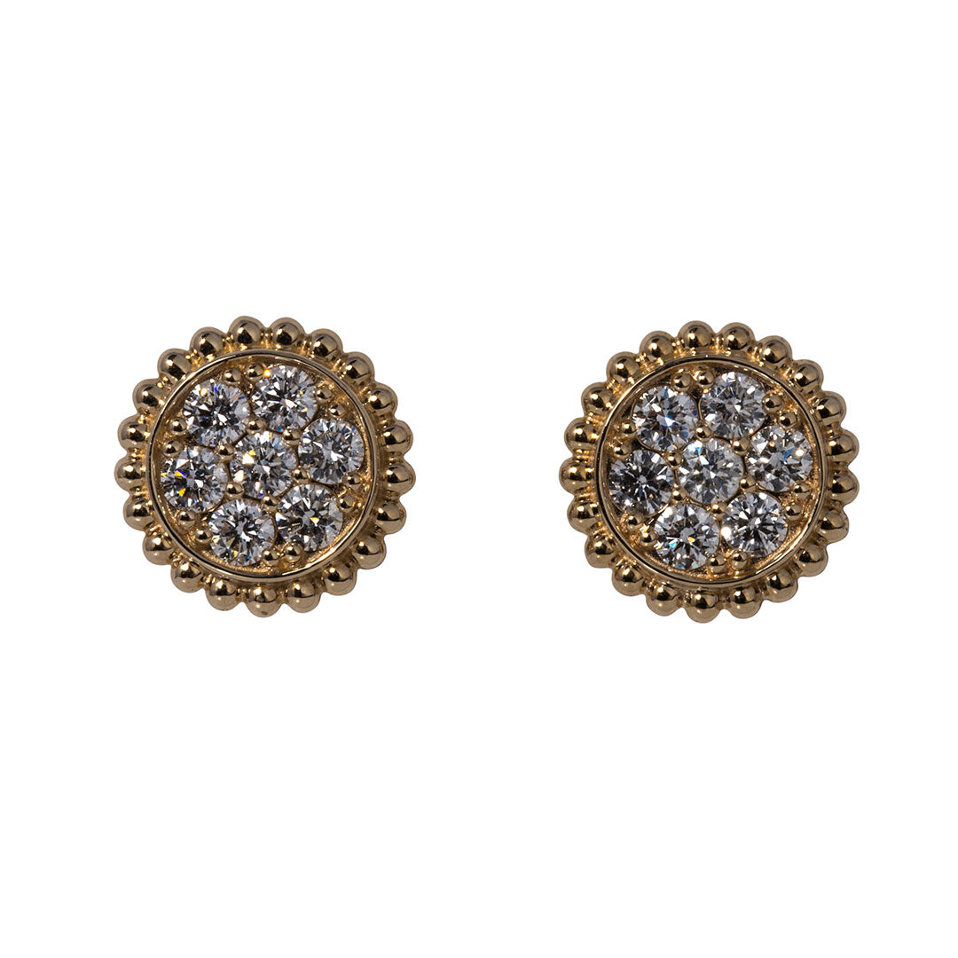 Diamond Cluster Bead Edge 14K Yellow Gold Stud Earrings