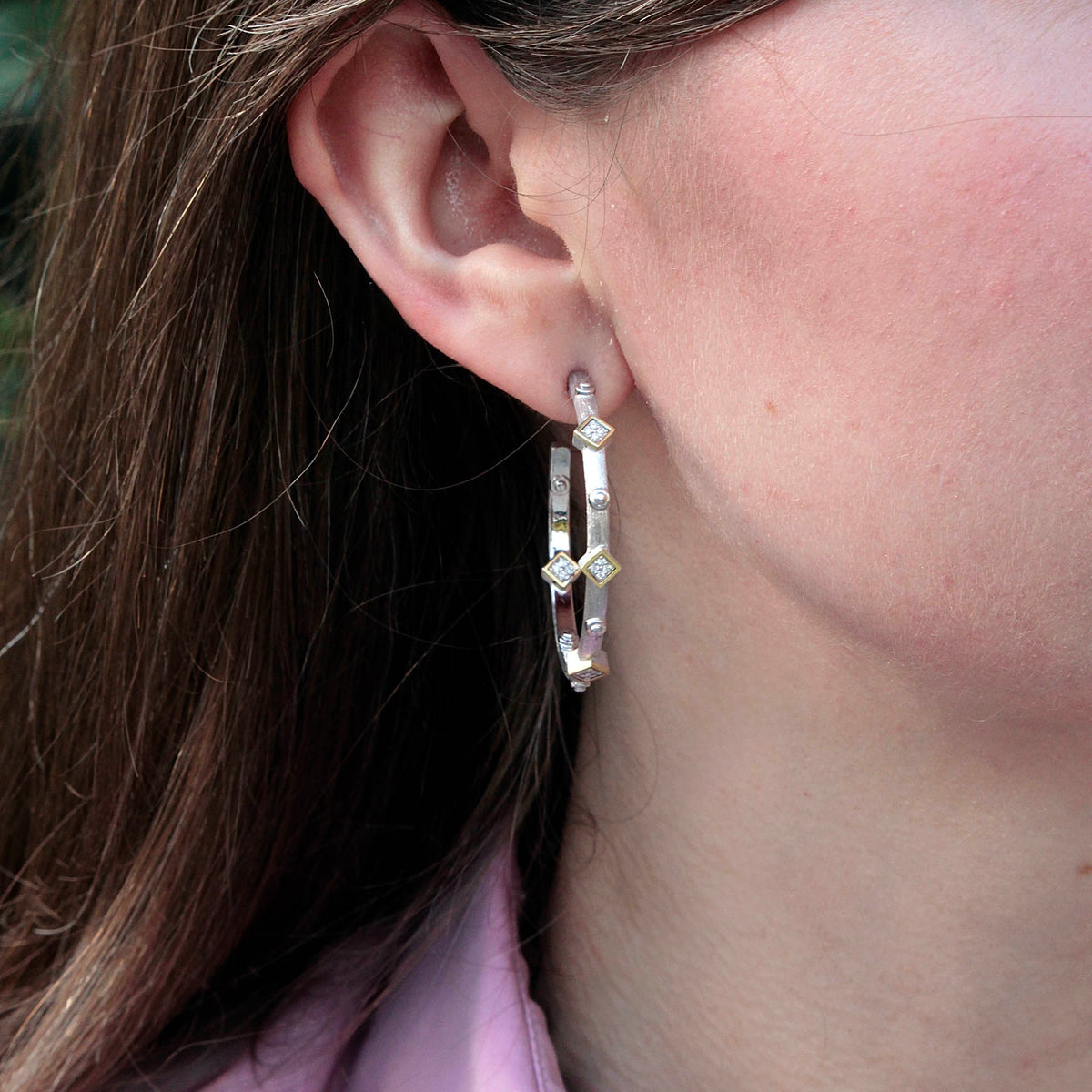 Sloane Street Sterling Silver Diamond Bolt Hoops with 18K Gold Bezels 40mm