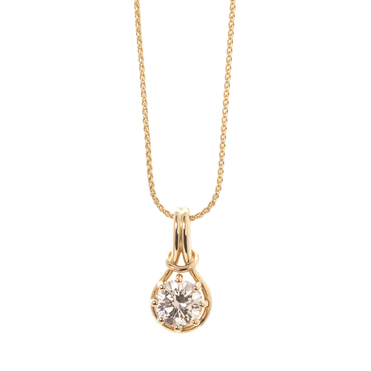 1ctw Diamond 14K Yellow Gold Drop Pendant, 14K Yellow Gold 1mm Parisian Wheat Chain Necklace 16"