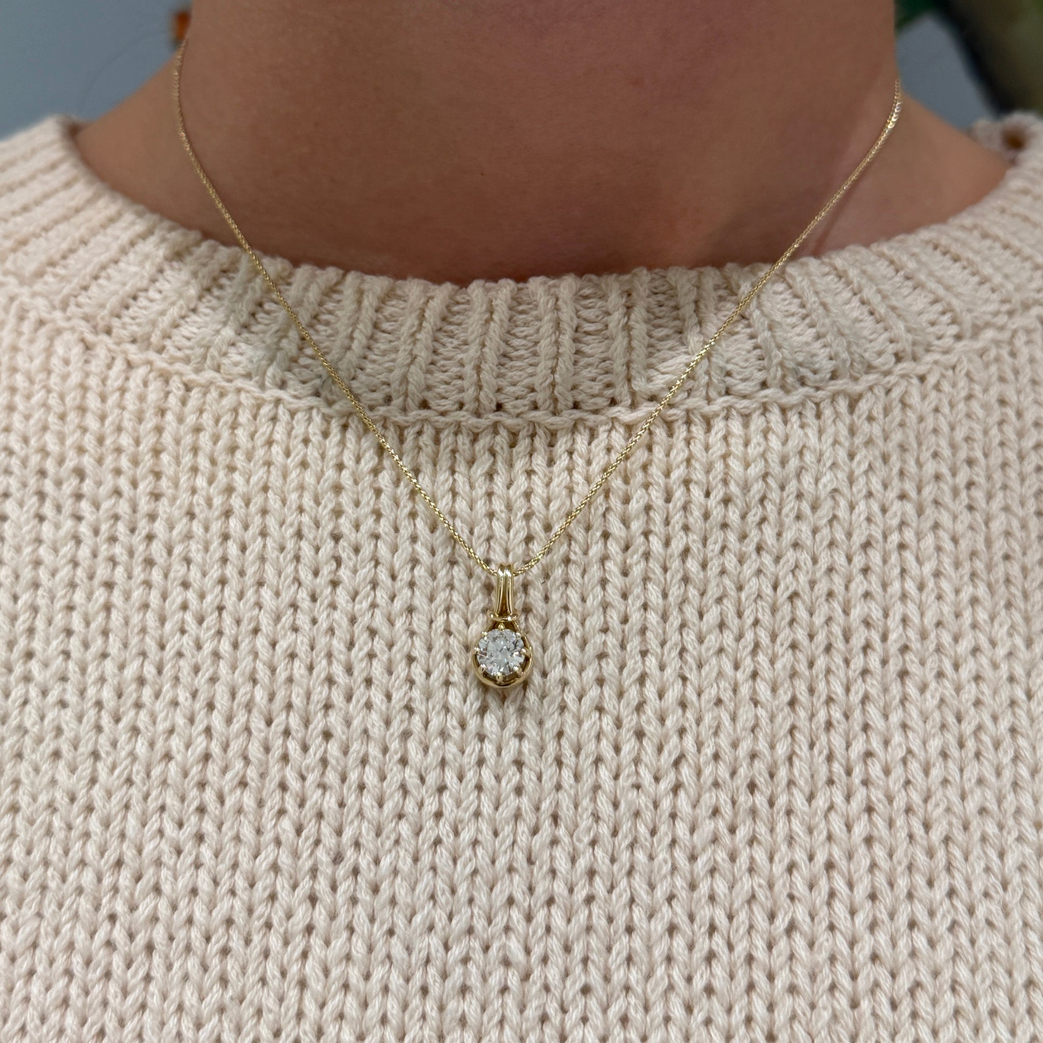 1ctw Diamond 14K Yellow Gold Drop Pendant, 14K Yellow Gold 1mm Parisian Wheat Chain Necklace 16"