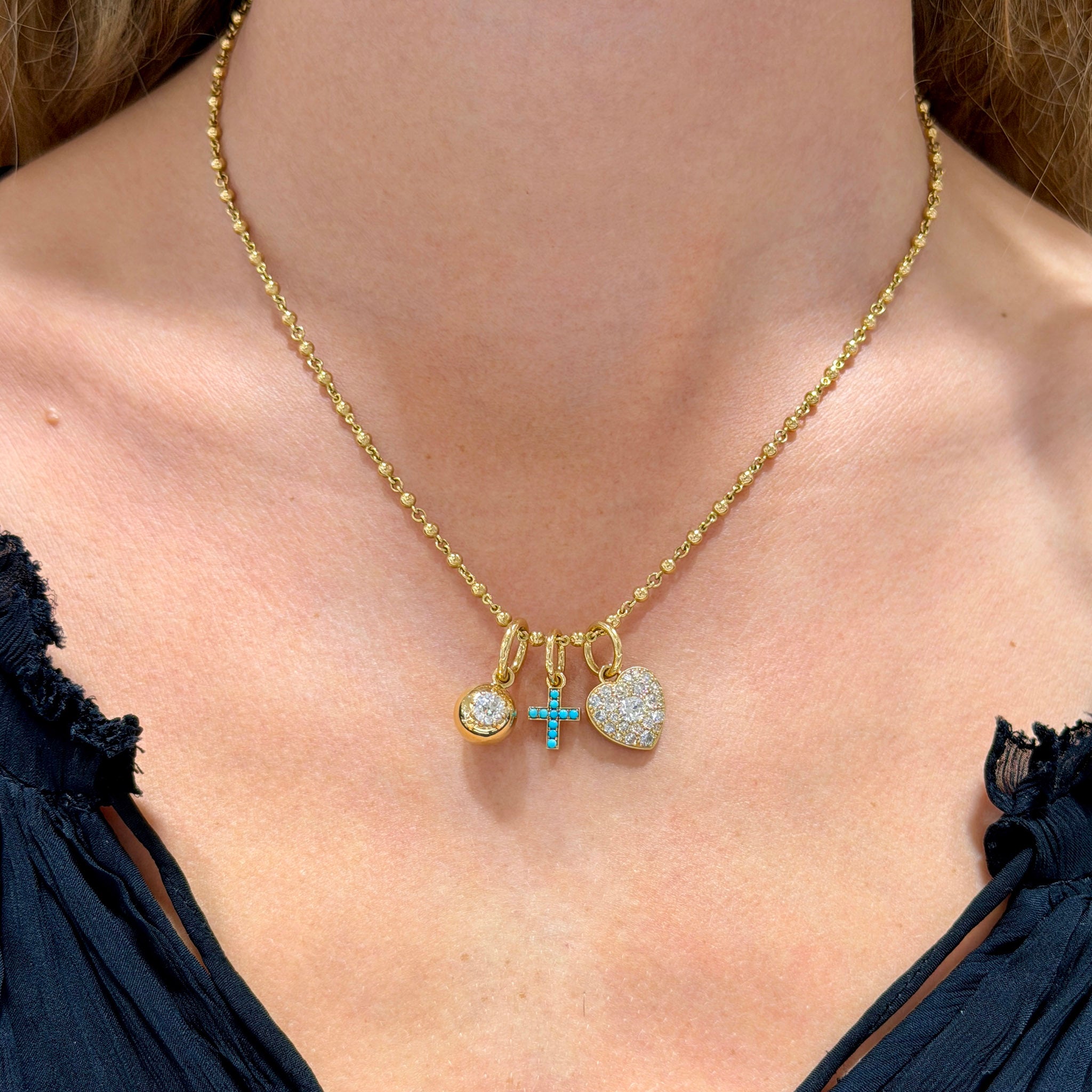 Single Stone Diamond Luna Pendant, Single Stone Turquoise Mini Pavé Carmela Cross, Single Stone Small Cobblestone Heart, Single Stone 18K Yellow Gold Mini Rosary Chain Necklace