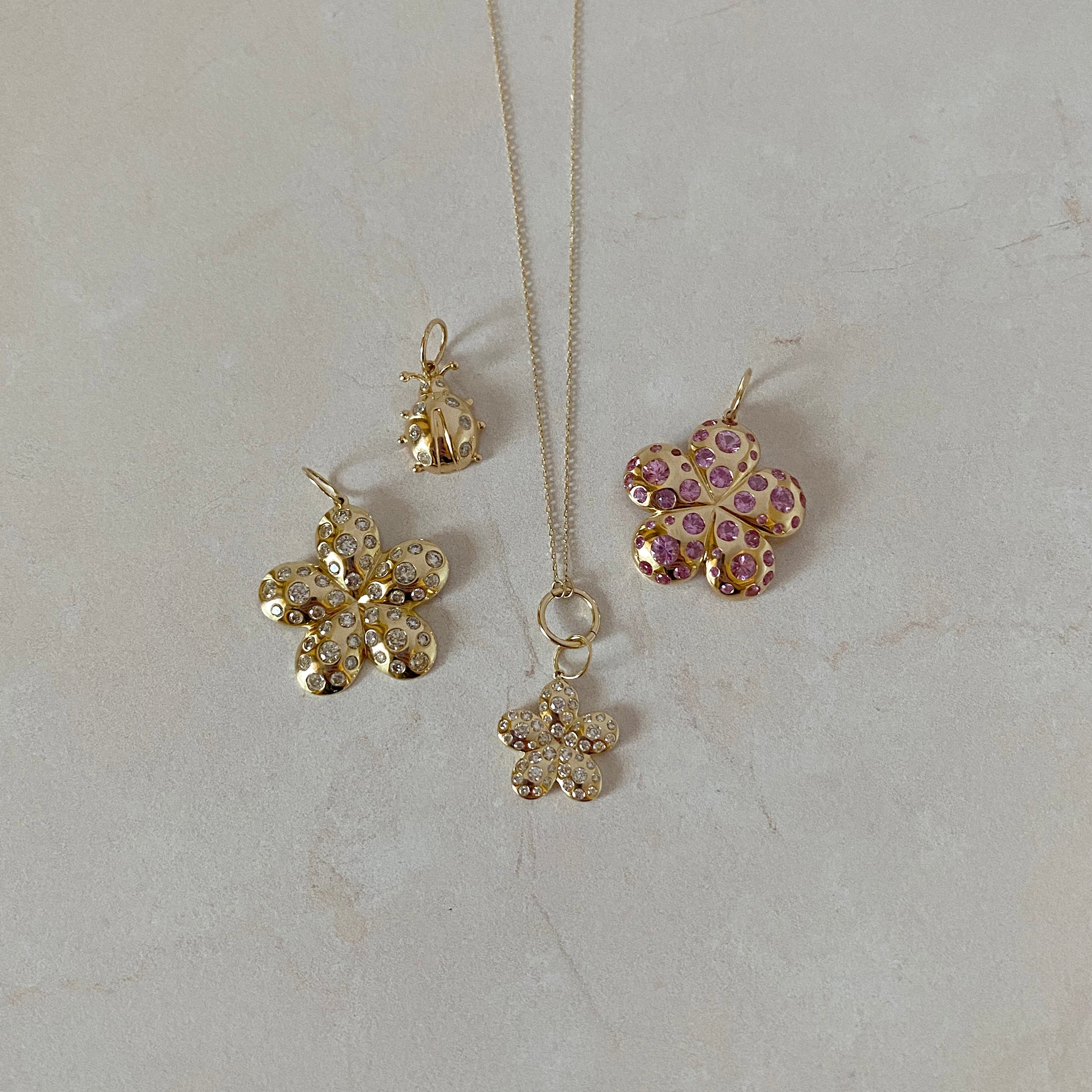 2.45ctw Diamond 14K Yellow Gold Flower Pendant, 2.75ctw Pink Sapphire 14K Yellow Gold Flower Pendant, Diamond 14K Yellow Gold Ladybug Charm, 14K Yellow Gold Charm Connector Cable Chain Necklace