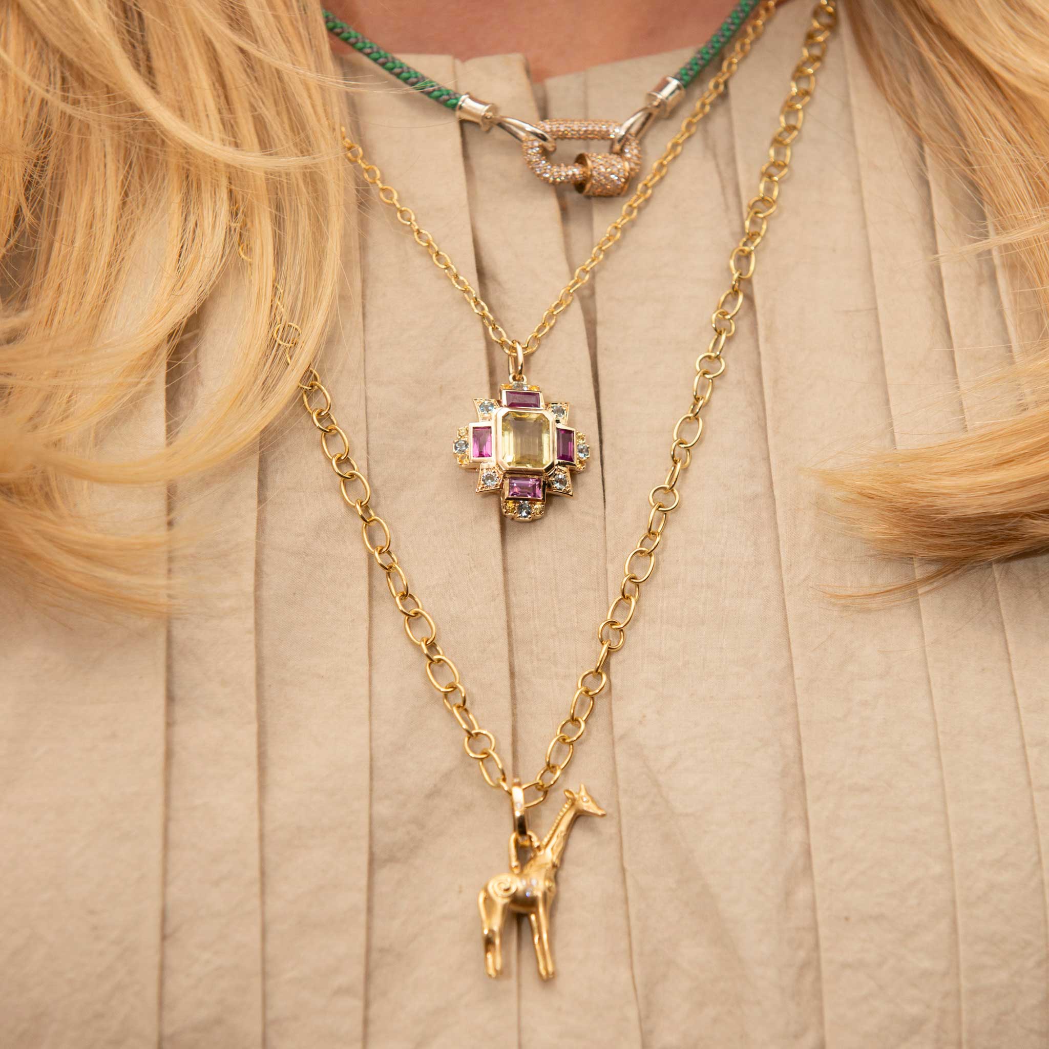 Temple St. Clair Small Twiga Giraffe Pendant, Temple St. Clair Ribbon Chain Necklace, Marla Aaron 14K Gold Diamond Allstone Chubby Baby Lock, Yellow Beryl, Multi-Color Sapphire & Aquamarine 14K Yellow Gold Pendant