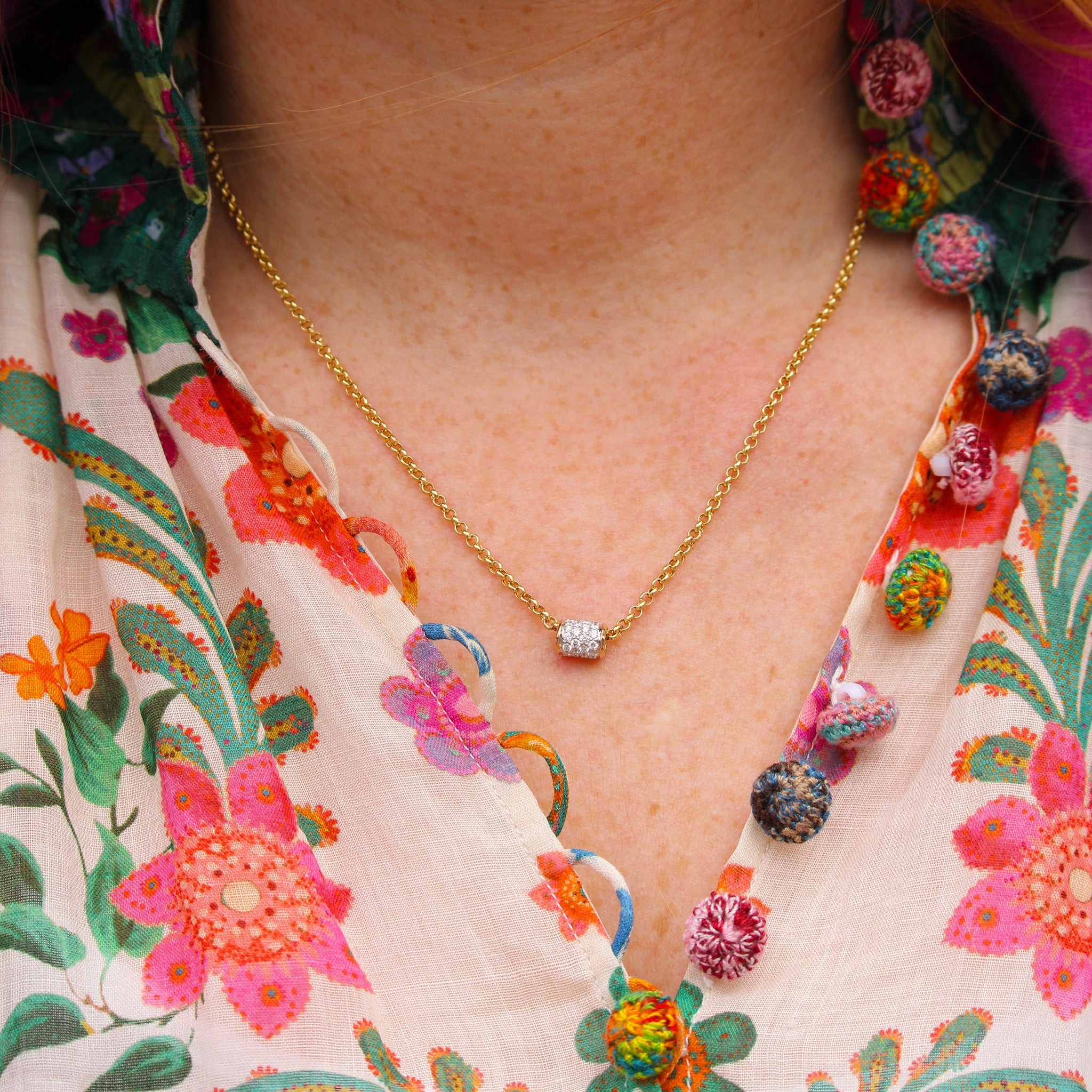 Diamond PavĂŠ Barrel 14K Gold Necklace 18"