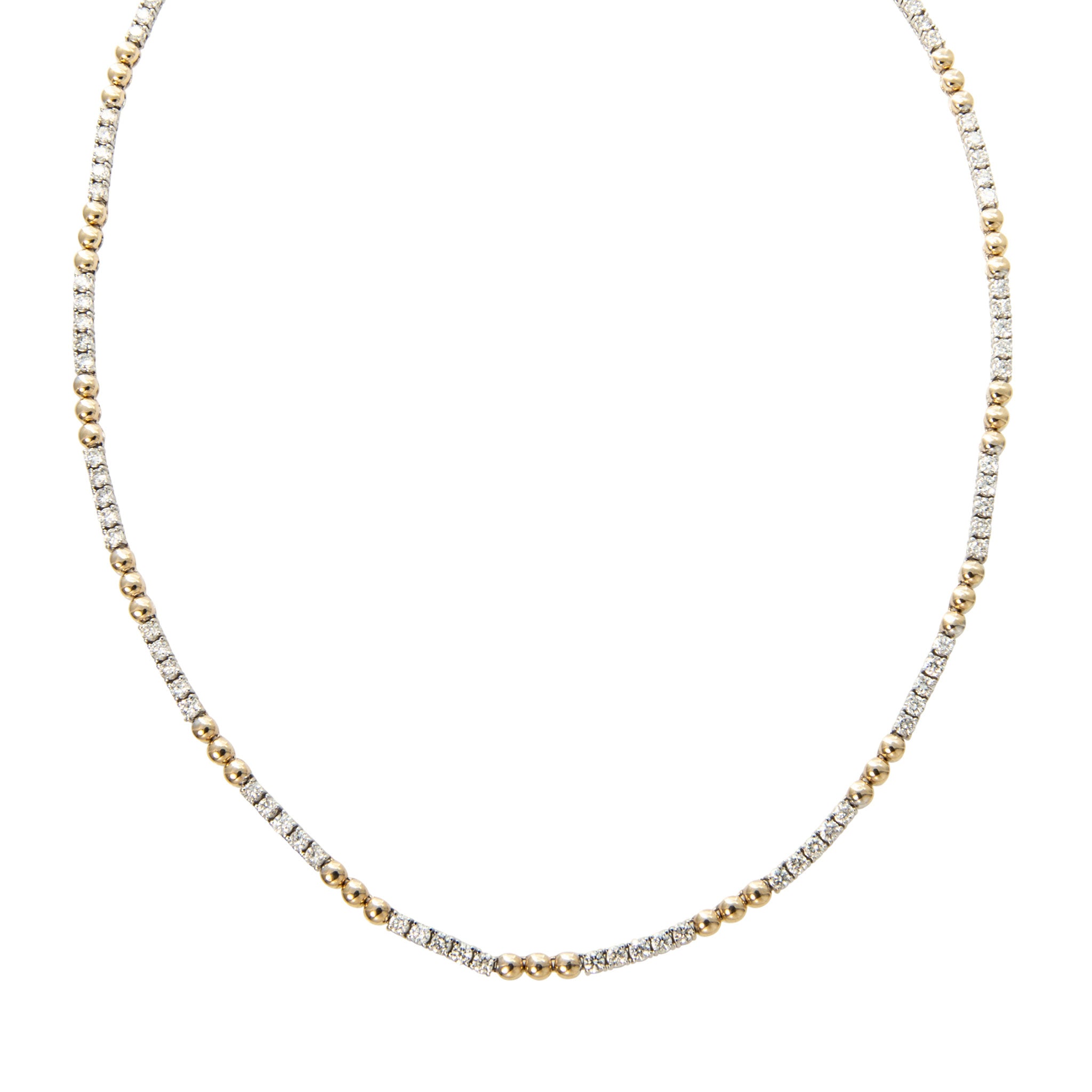 Diamond Two Tone 14K Gold Triple Bead Tennis Necklace