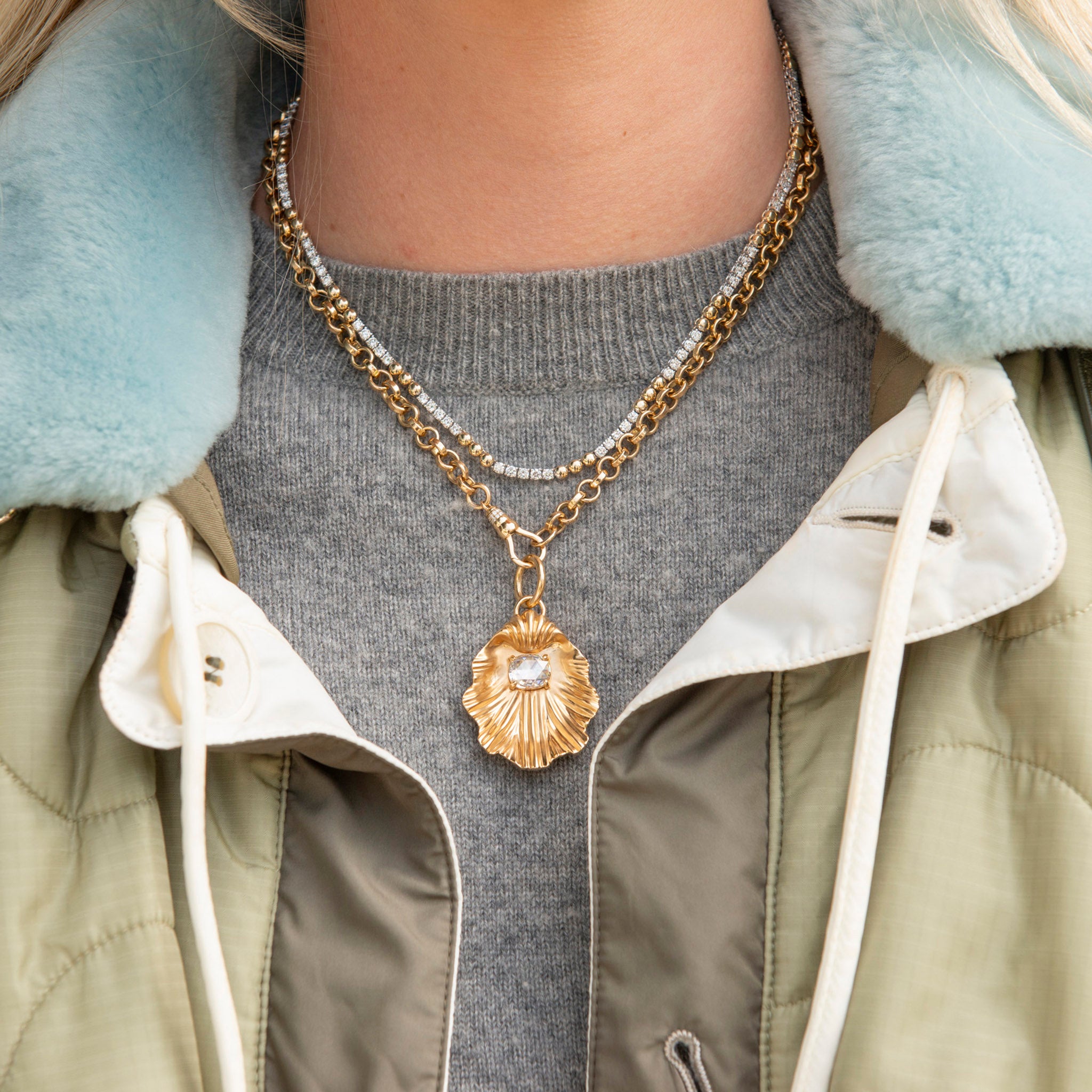 Diamond Two Tone 14K Gold Triple Bead Tennis Necklace, Single Stone Katerina Pendant