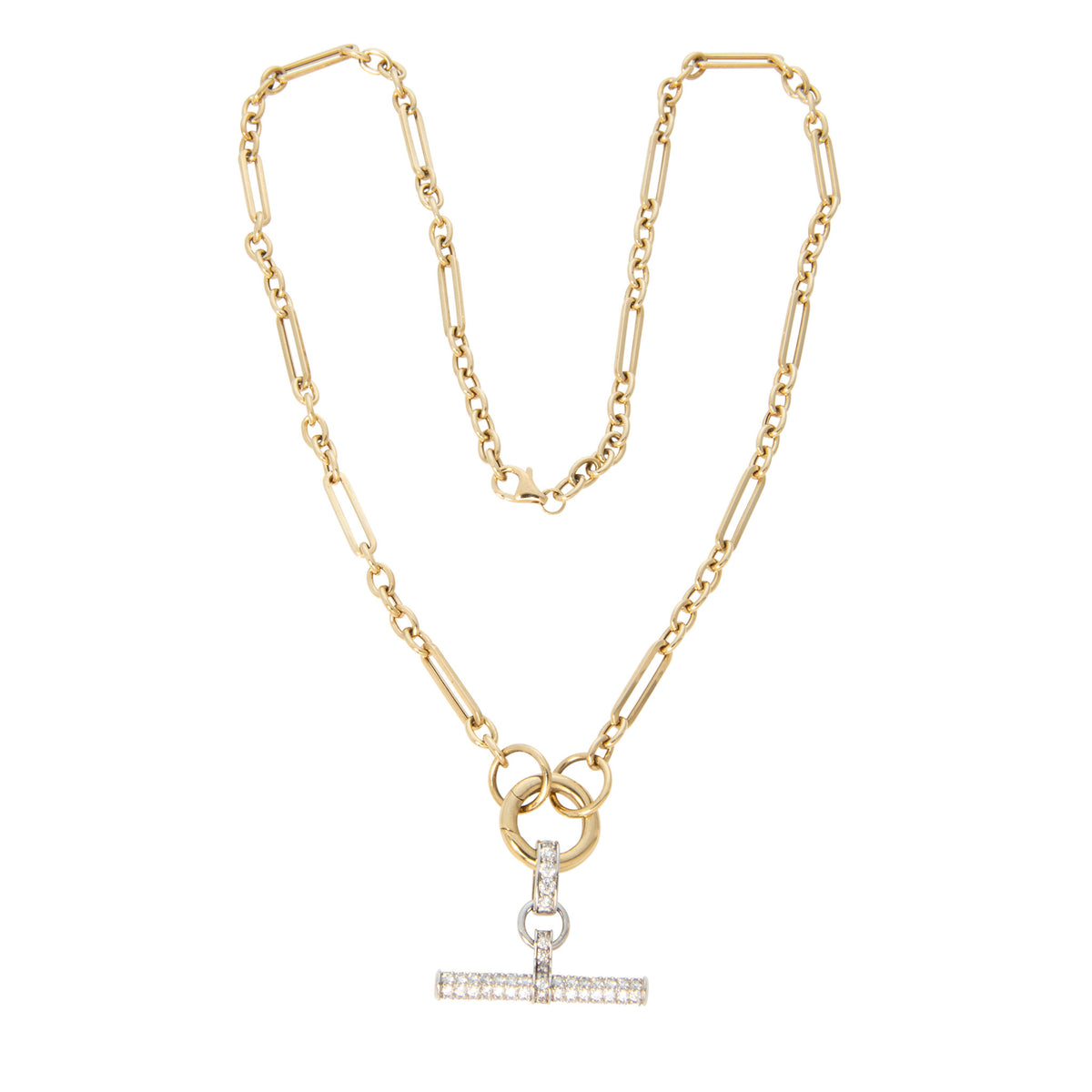 14K yellow gold mixed link necklace with a circular connector and diamond pavé white gold T-bar drop pendant.
