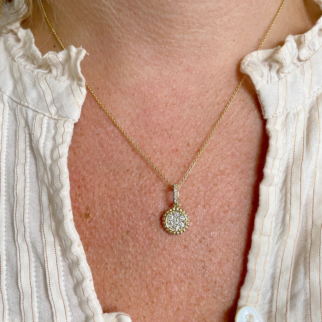 Diamond 14K Yellow Gold Beaded Round Pendant Necklace