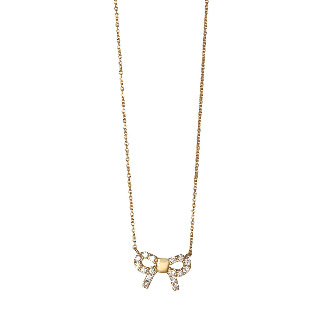 Diamond 18K Gold Mini Bow Pendant Necklace