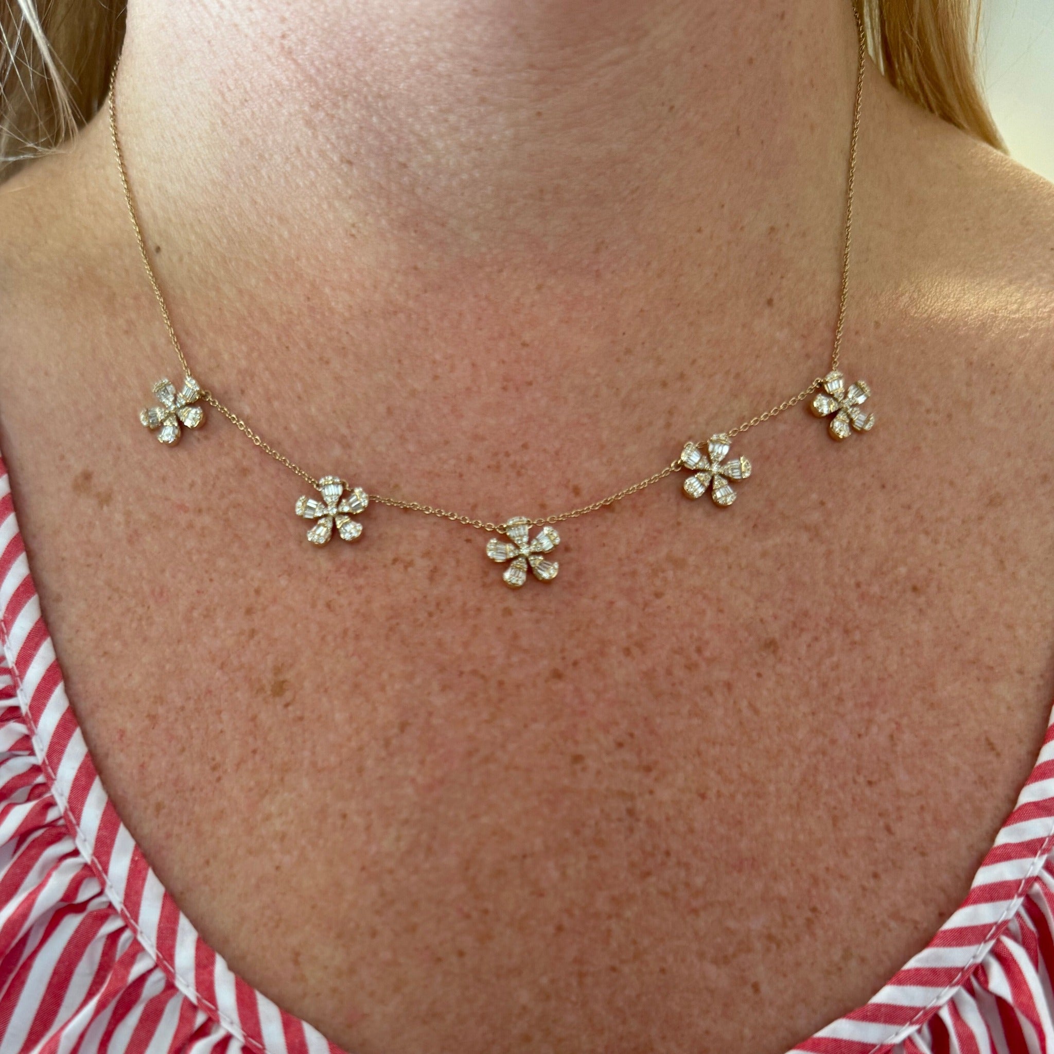 Round & Baguette Diamond Flower 5 Station 14K Yellow Gold Necklace