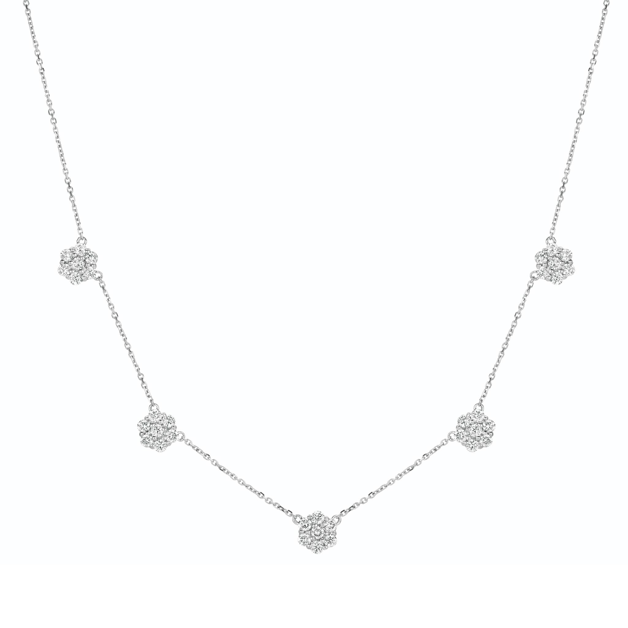 1ctw Diamond Flower Cluster 5-Station 14K White Gold Necklace