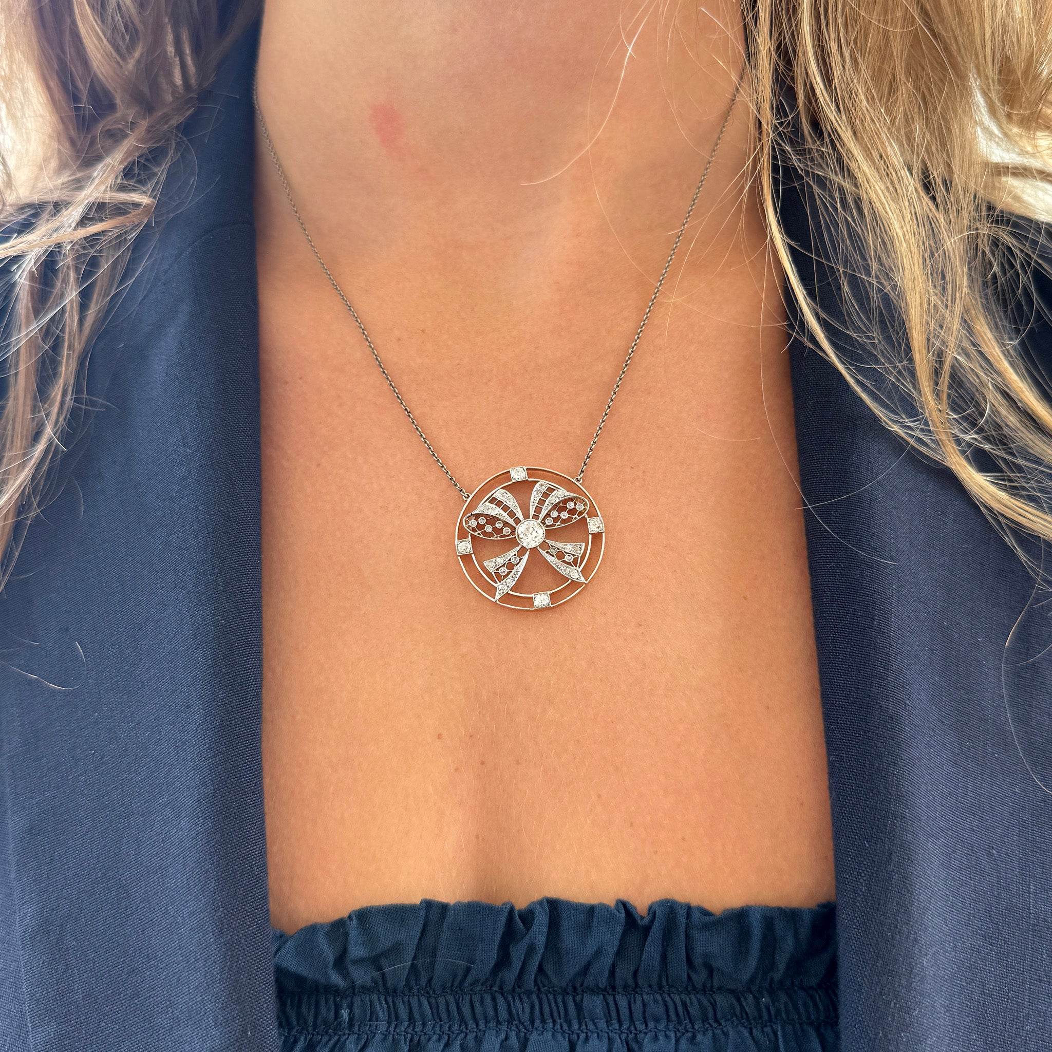 Edwardian Style Diamond Bow Circle Pendant Necklace