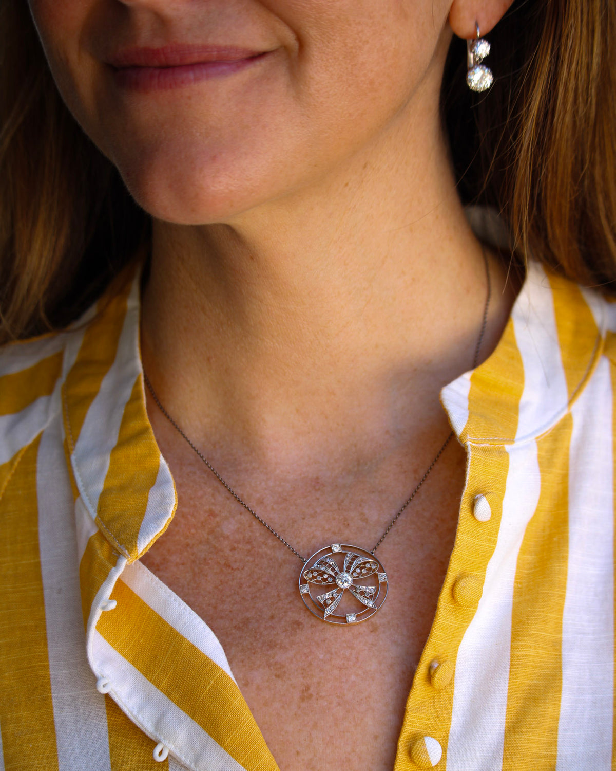 Edwardian Style Diamond Bow Circle Pendant Necklace