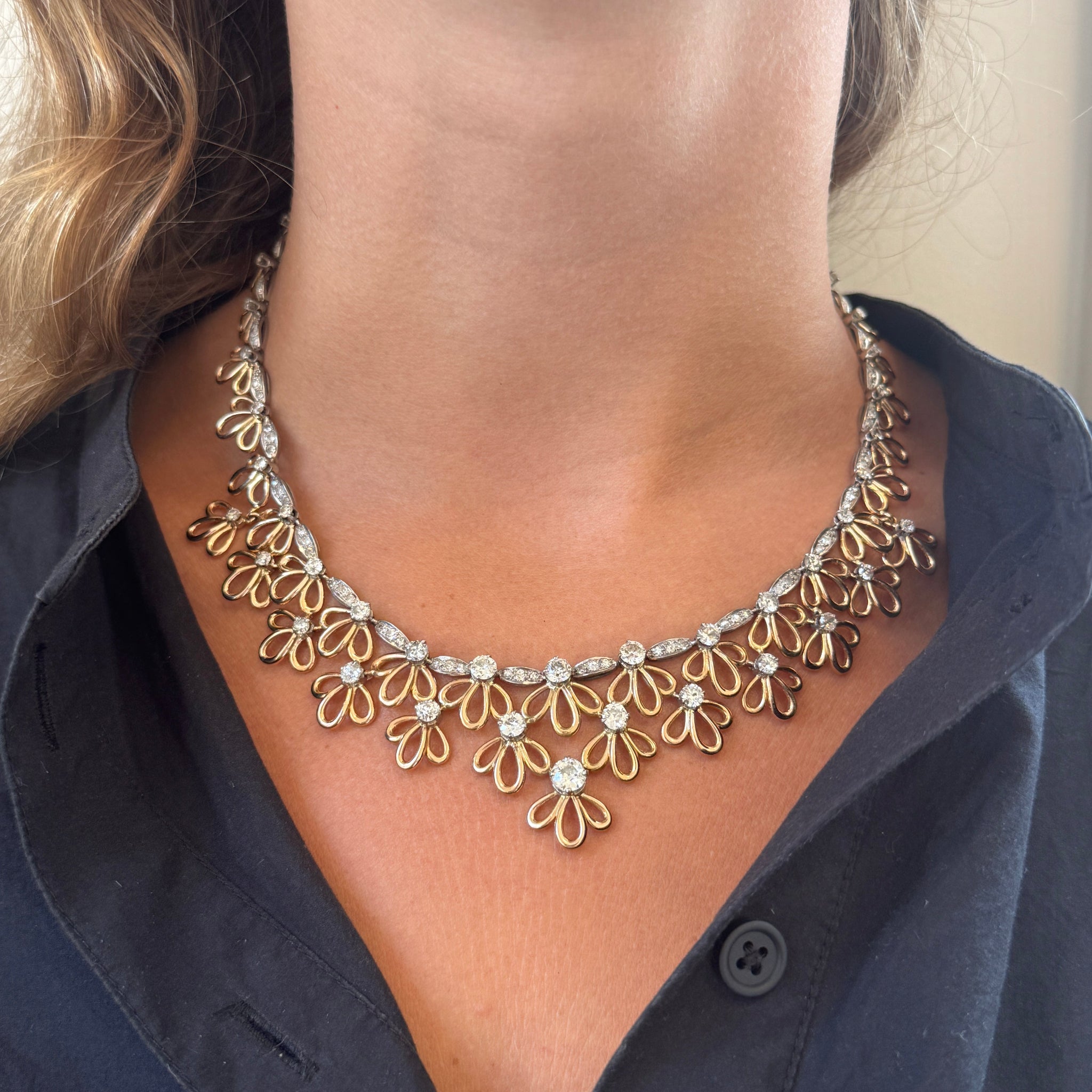 Victorian Diamond 18K Gold Floral Bib Necklace