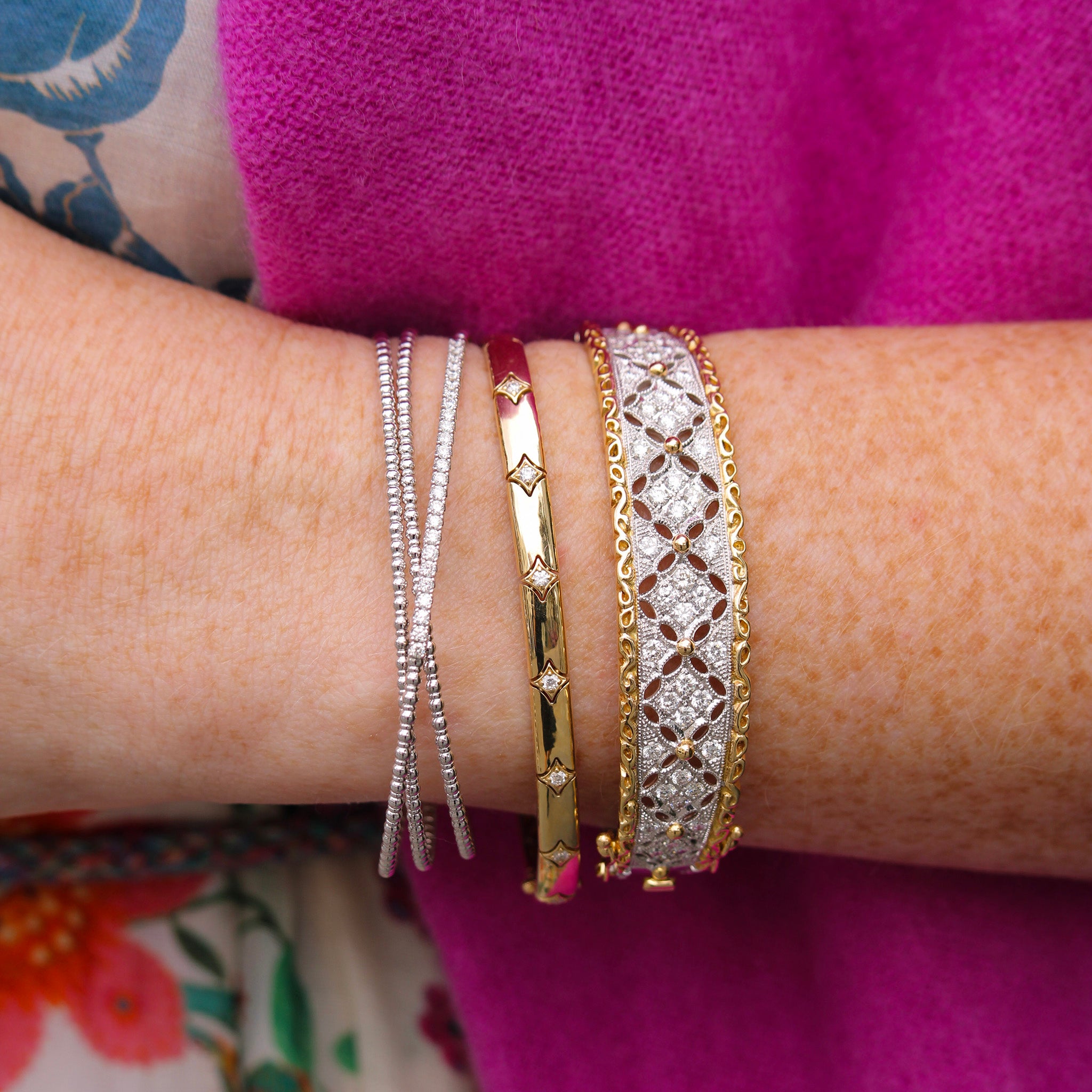 Diamond Crossover 14K White Gold Beaded Flexible Triple Bangle, Diamond Star 14K Yellow Gold Bangle, Diamond Filigree Two Tone 14K Gold Bangle