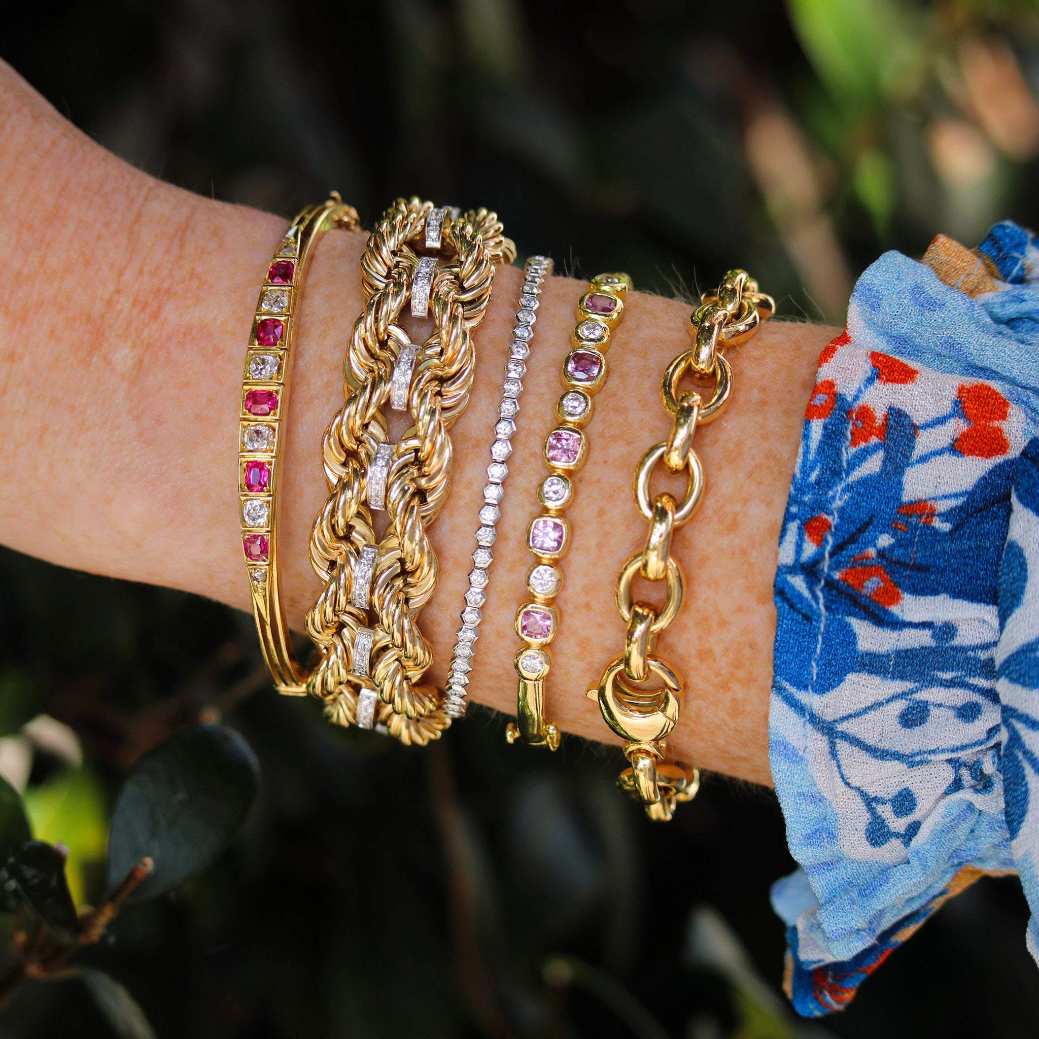 Victorian Graduated Ruby & Diamond 14K Gold Bangle, The Club Bracelet with Diamonds, .80ctw Diamond Hexagon Bezel 14K White Gold Flexible Bangle, Mazza Pink Sapphire & Diamond 14K Yellow Gold Bangle