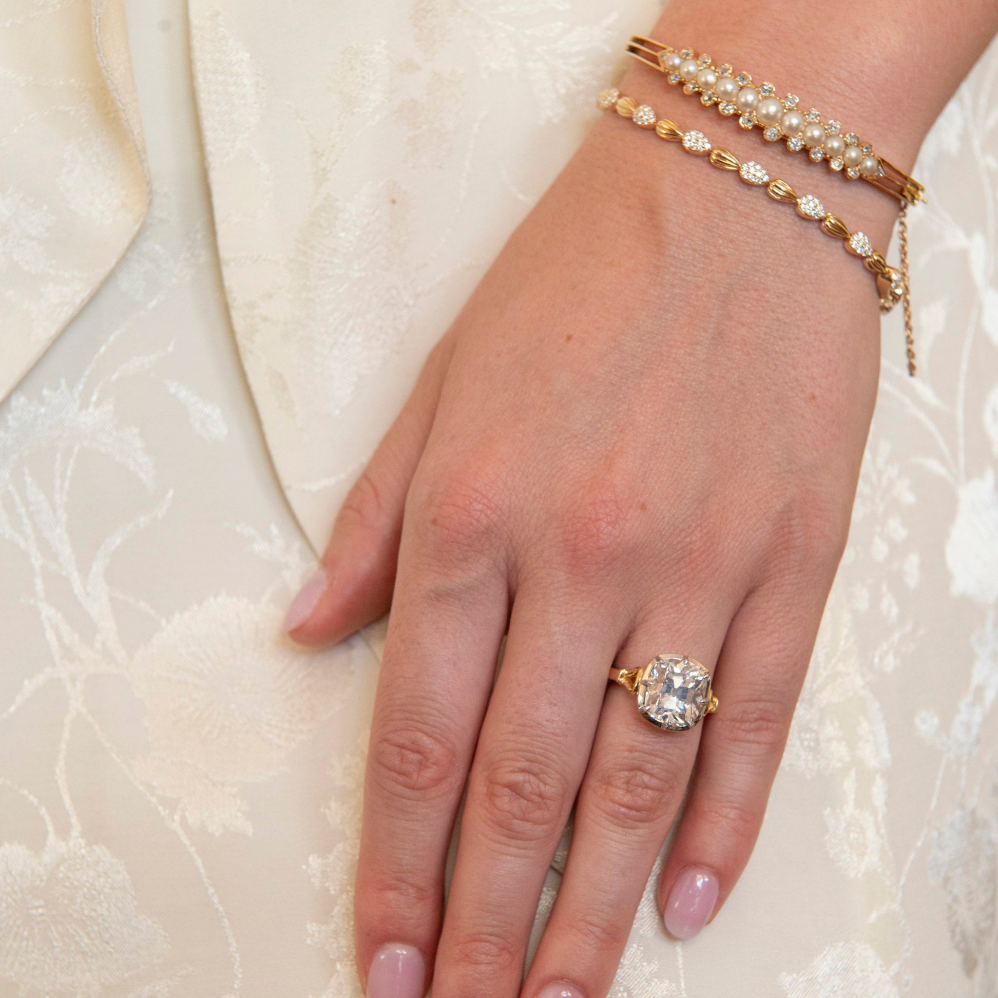 Victorian Graduated Pearl & Diamond 14K Yellow Gold Bangle, Diamond PavĂŠ Madeleine 14K Yellow Gold Tennis Bracelet, 5.23ct J SI1 Old Mine Diamond Solitaire Two-Tone Engagement Ring