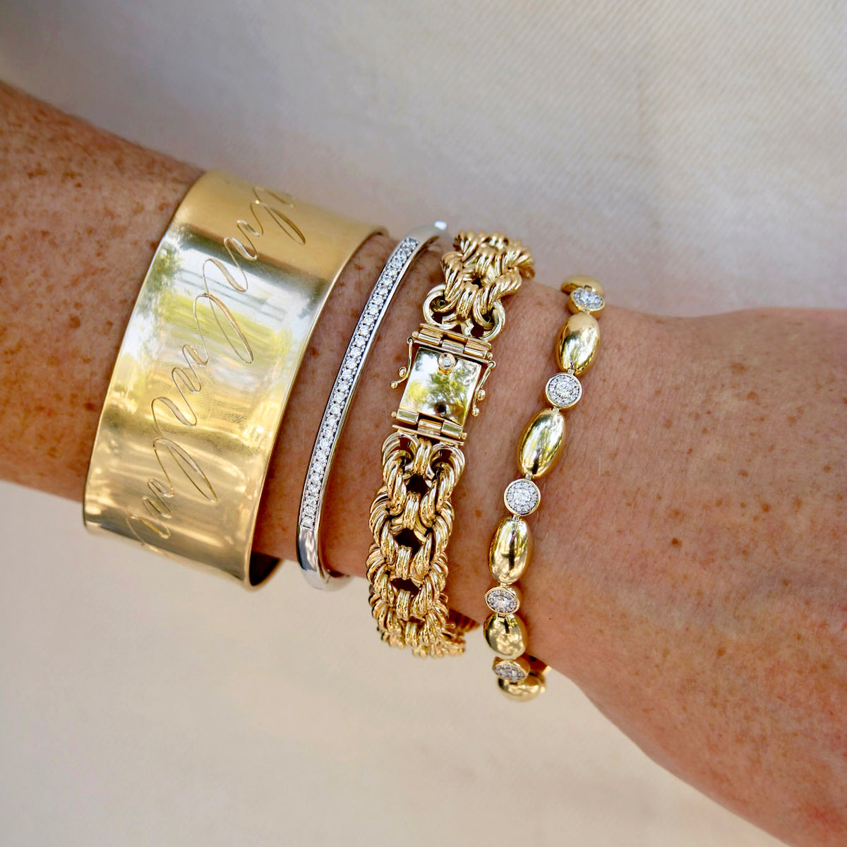14K Gold Extra Wide Cuff Bangle, Diamond Pavé 18K White Gold Square Bangle, The Petite Club Bracelet, The Mary Pavé Diamond Station Line Bracelet