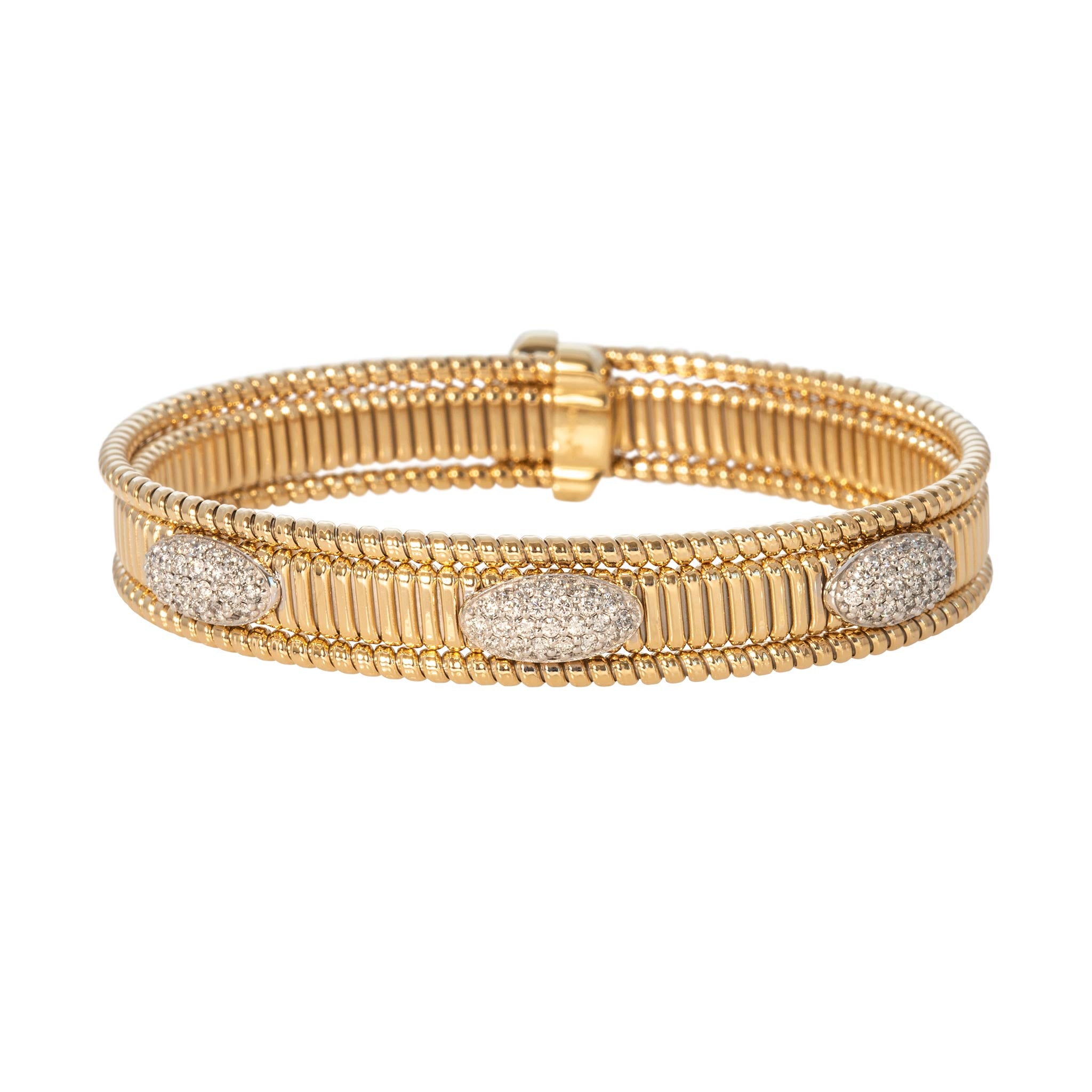 Diamond Pavé 3-Station 18K Gold Flexible Tubogas Cuff Bangle