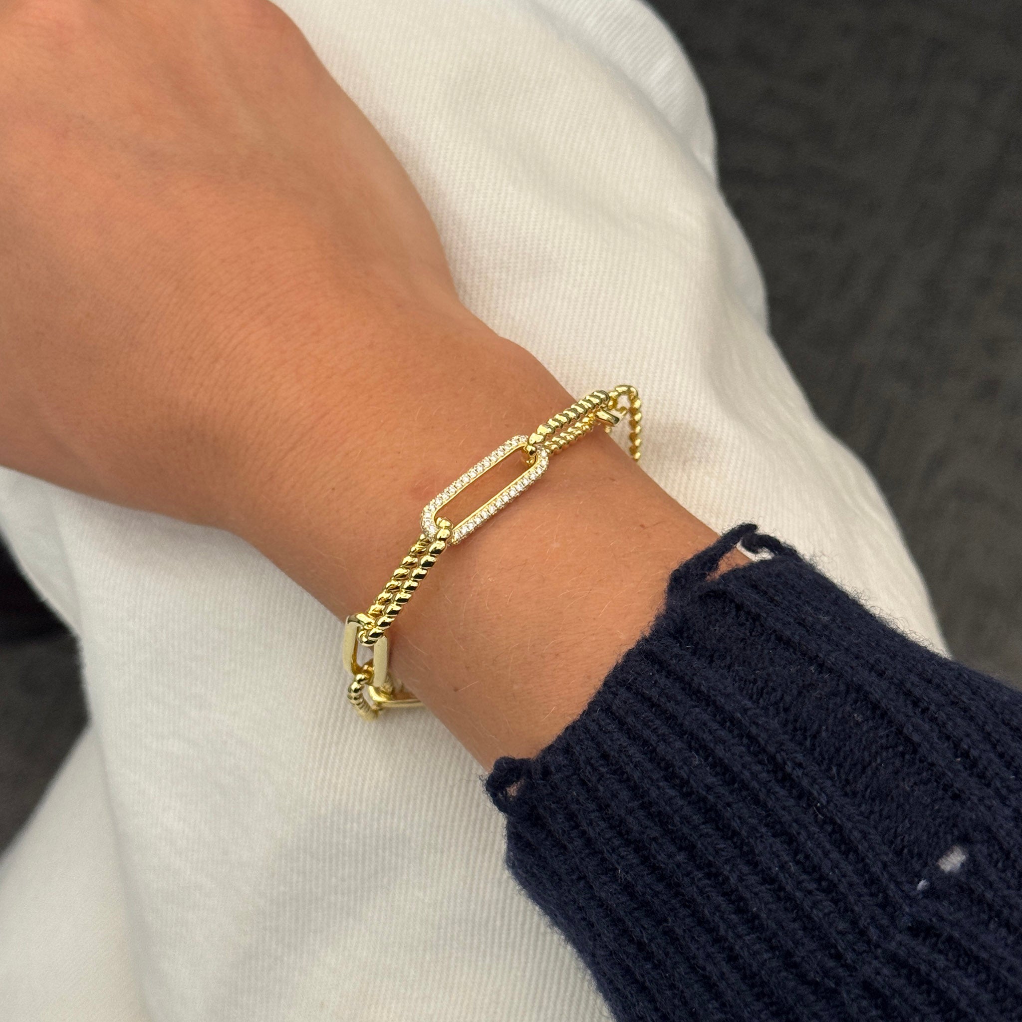 Diamond PavĂŠ Accent 14K Yellow Gold Mixed Oblong Link Bracelet