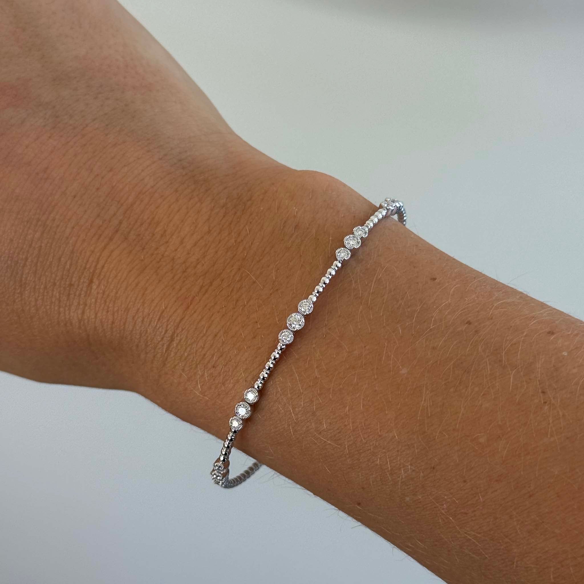 Diamond Triple Bezel Milgrain 5-Station 14K White Gold Flex Bangle