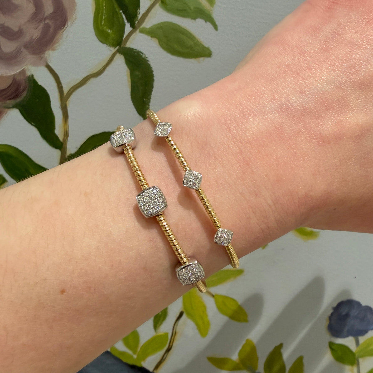 .30ctw Diamond Pavé 3-Station 18K Gold Flexible Cuff Bangle, .50ctw Diamond Pavé 3-Station 18K Gold Flexible Cuff Bangle