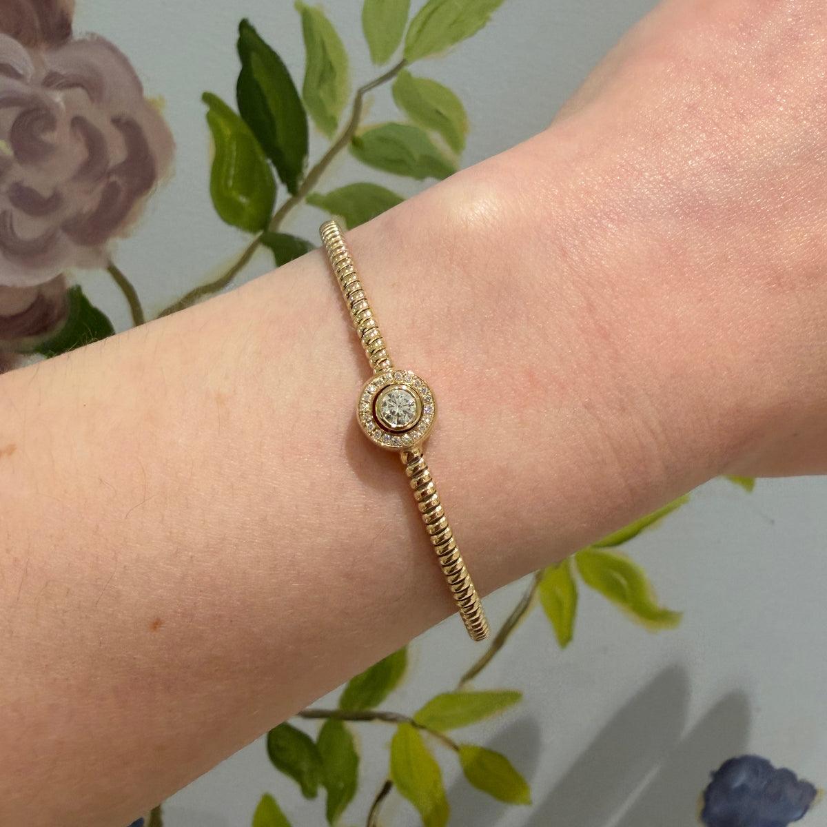 Diamond Halo 14K Yellow Gold Flexible Bangle