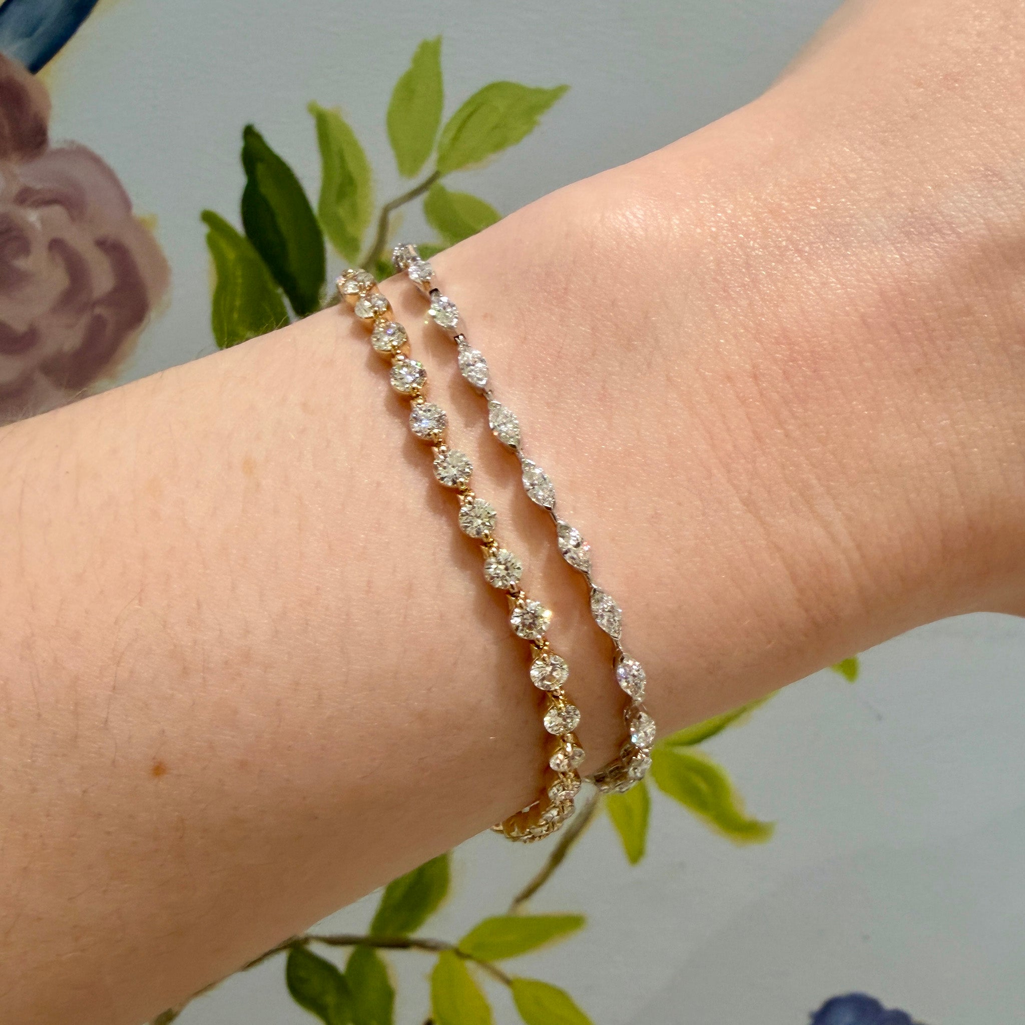 2.43ctw Marquise Diamond 18K White Gold Tennis Bracelet and 5ctw Diamond 2-Prong 14K Yellow Gold Tennis Bracelet
